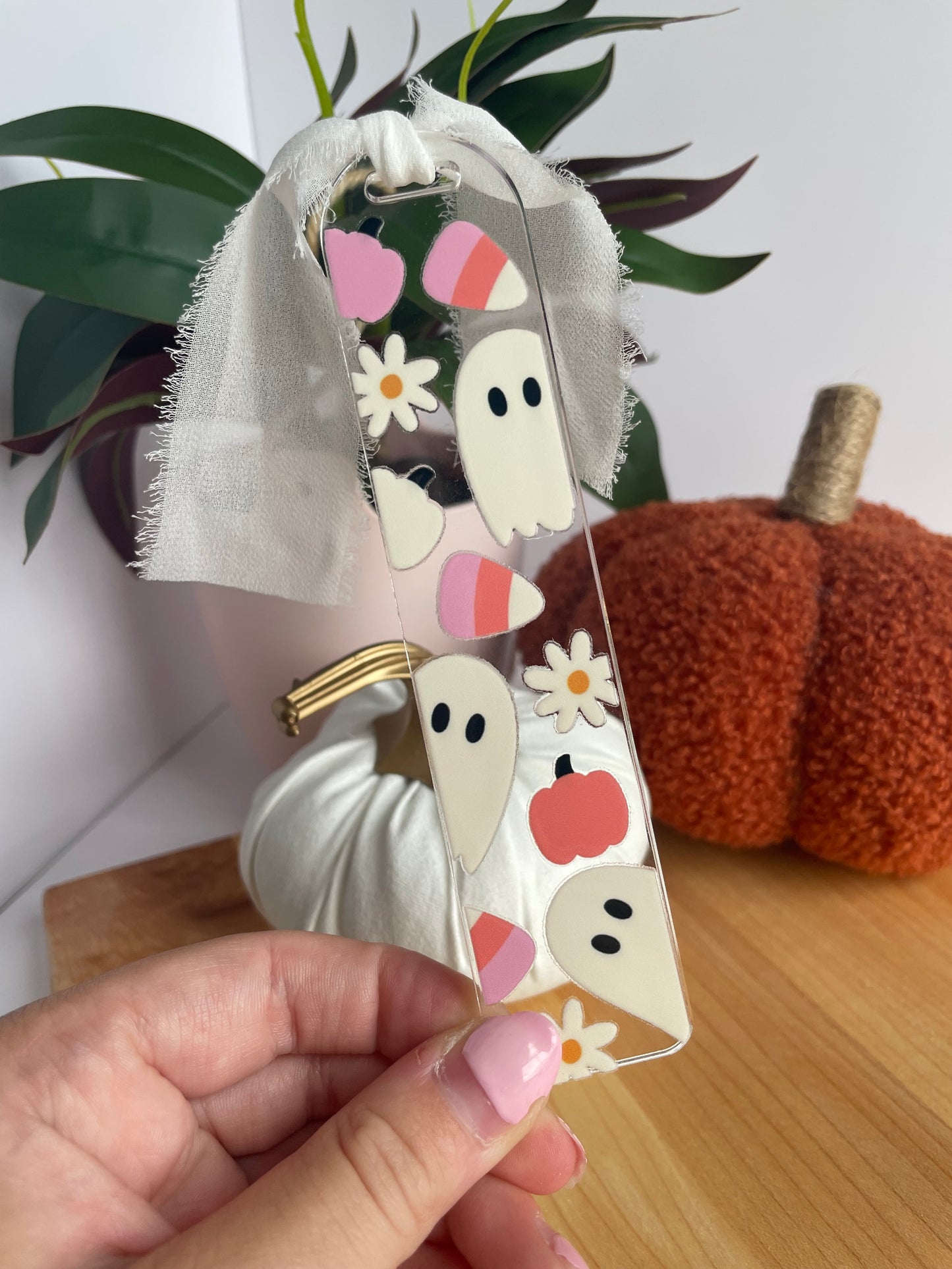 Ghosts and Candy Corn Clear Acrylic Bookmark with Chiffon Ribbon