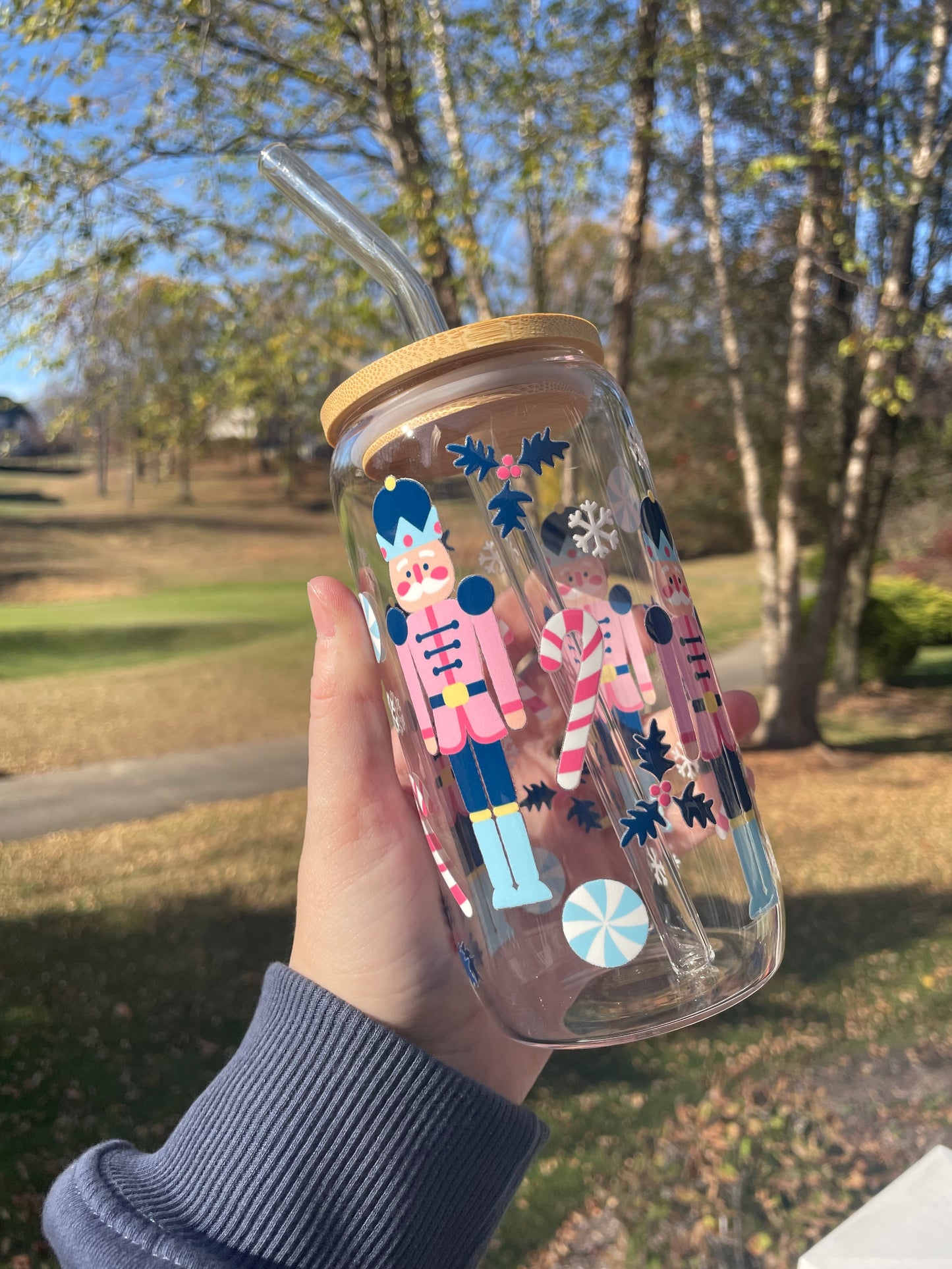 Blue Nutcrackers Holiday Glass Cup with Bamboo Lid and Glass Straw