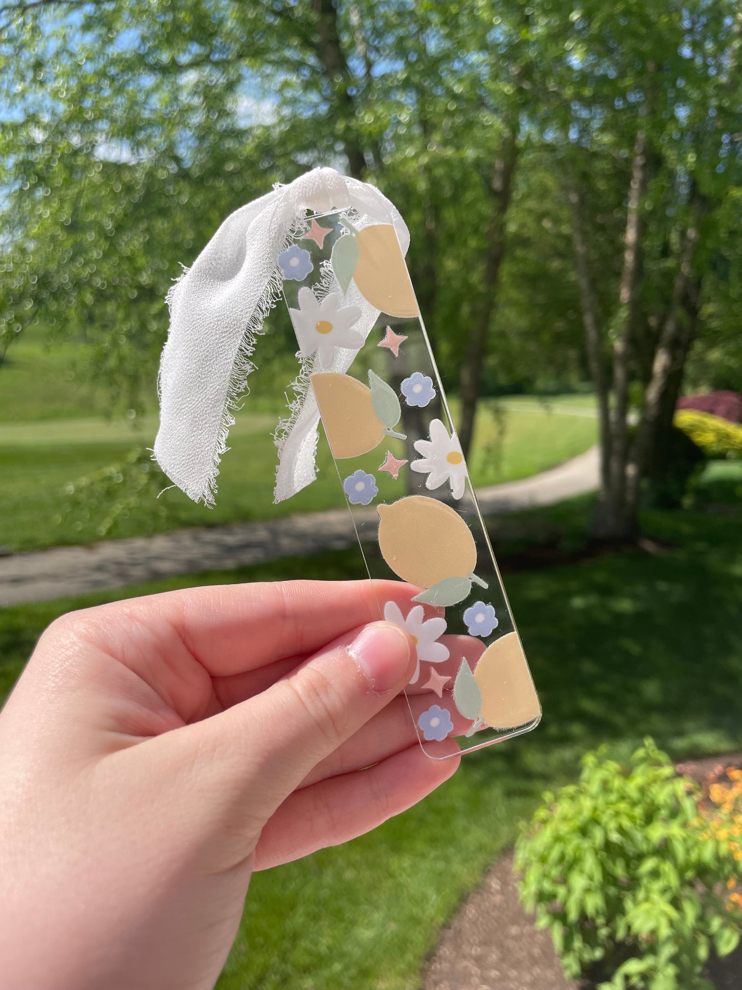 Lemons and Daises Pretty Clear Acrylic Bookmark with Chiffon Ribbon