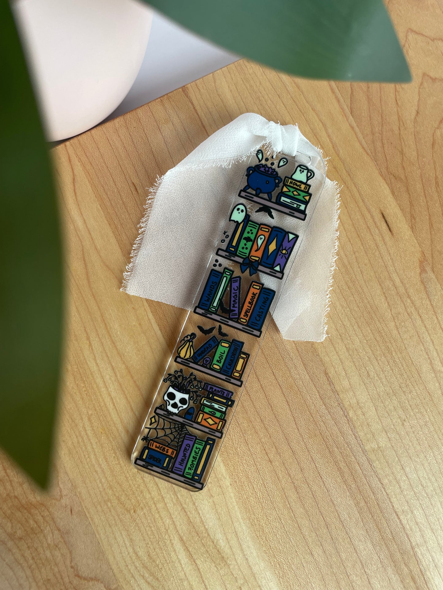 Spooky Bookshelf Clear Acrylic Bookmark with Chiffon Ribbon