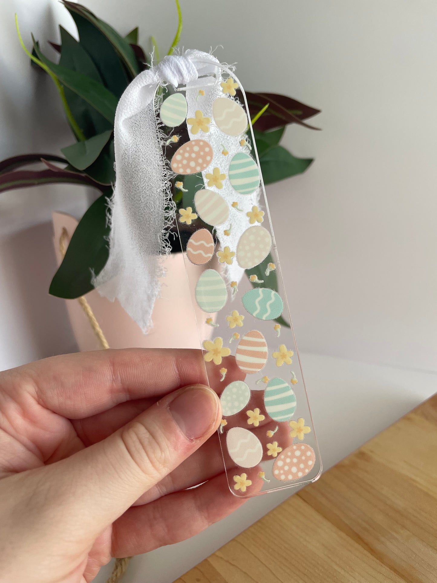 Pastel Easter Eggs Clear Acrylic Bookmark with Chiffon Ribbon