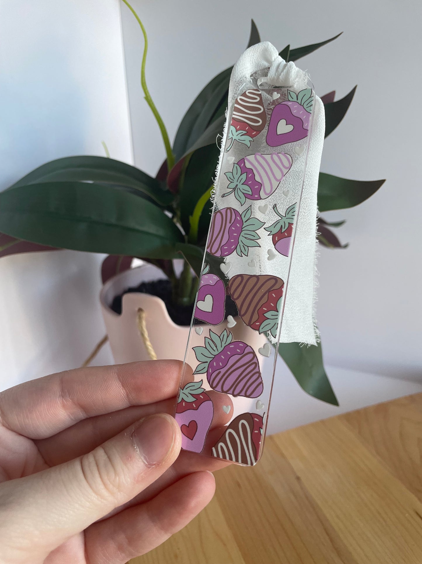 Chocolate Covered Strawberries Clear Acrylic Bookmark with Chiffon Ribbon