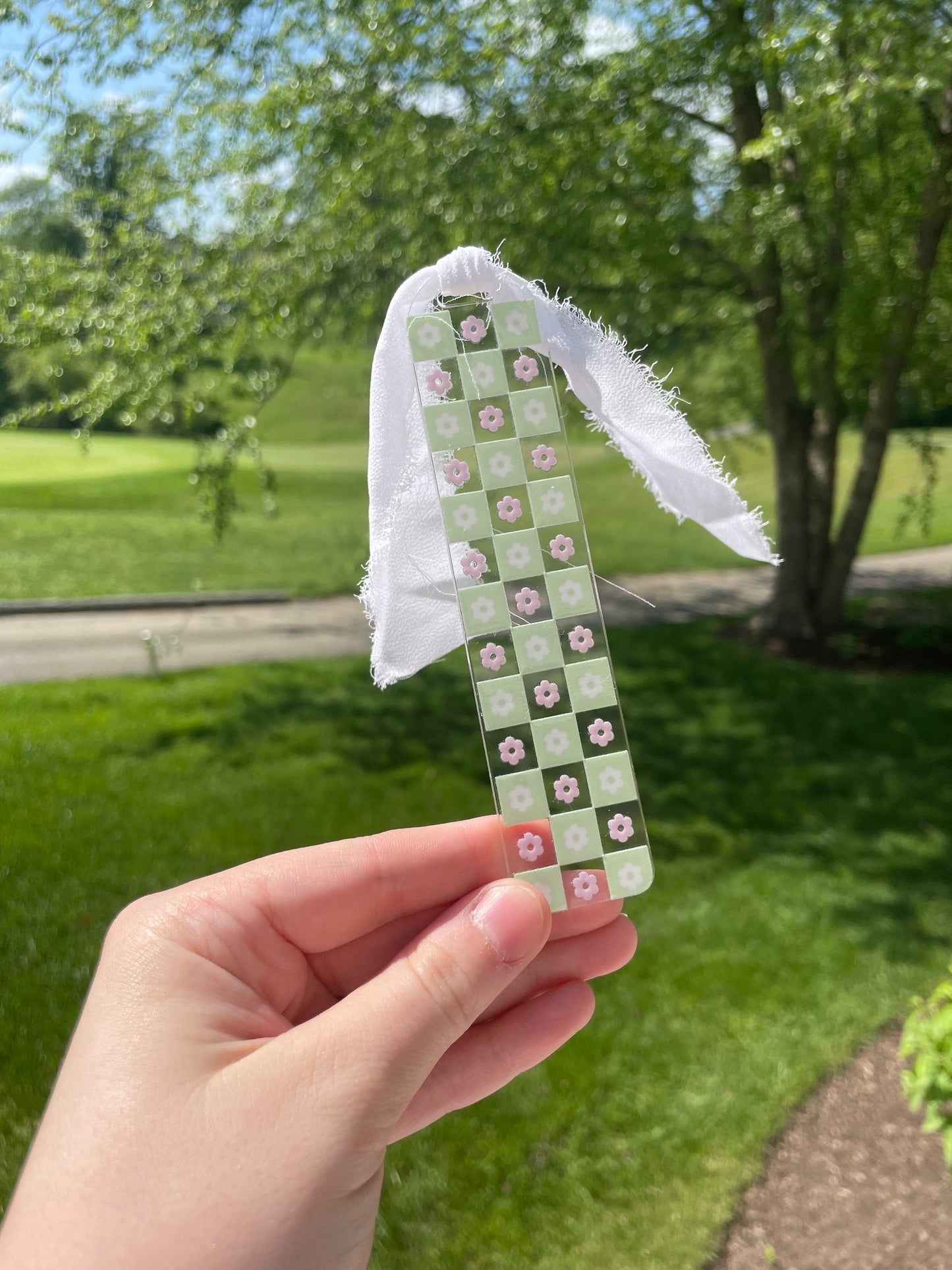 Light Green and Pink Checkered Flowers Clear Acrylic Bookmark with Chiffon Ribbon