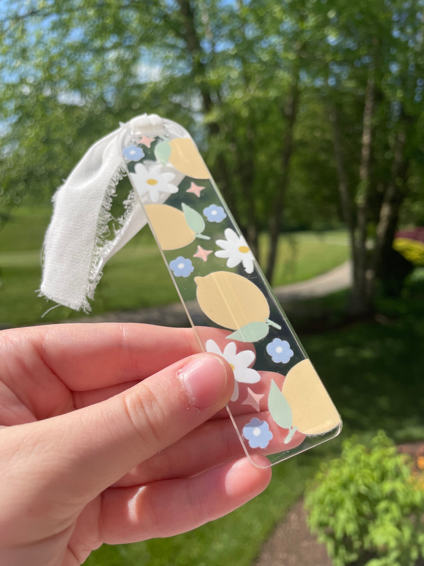 Lemons and Daises Pretty Clear Acrylic Bookmark with Chiffon Ribbon