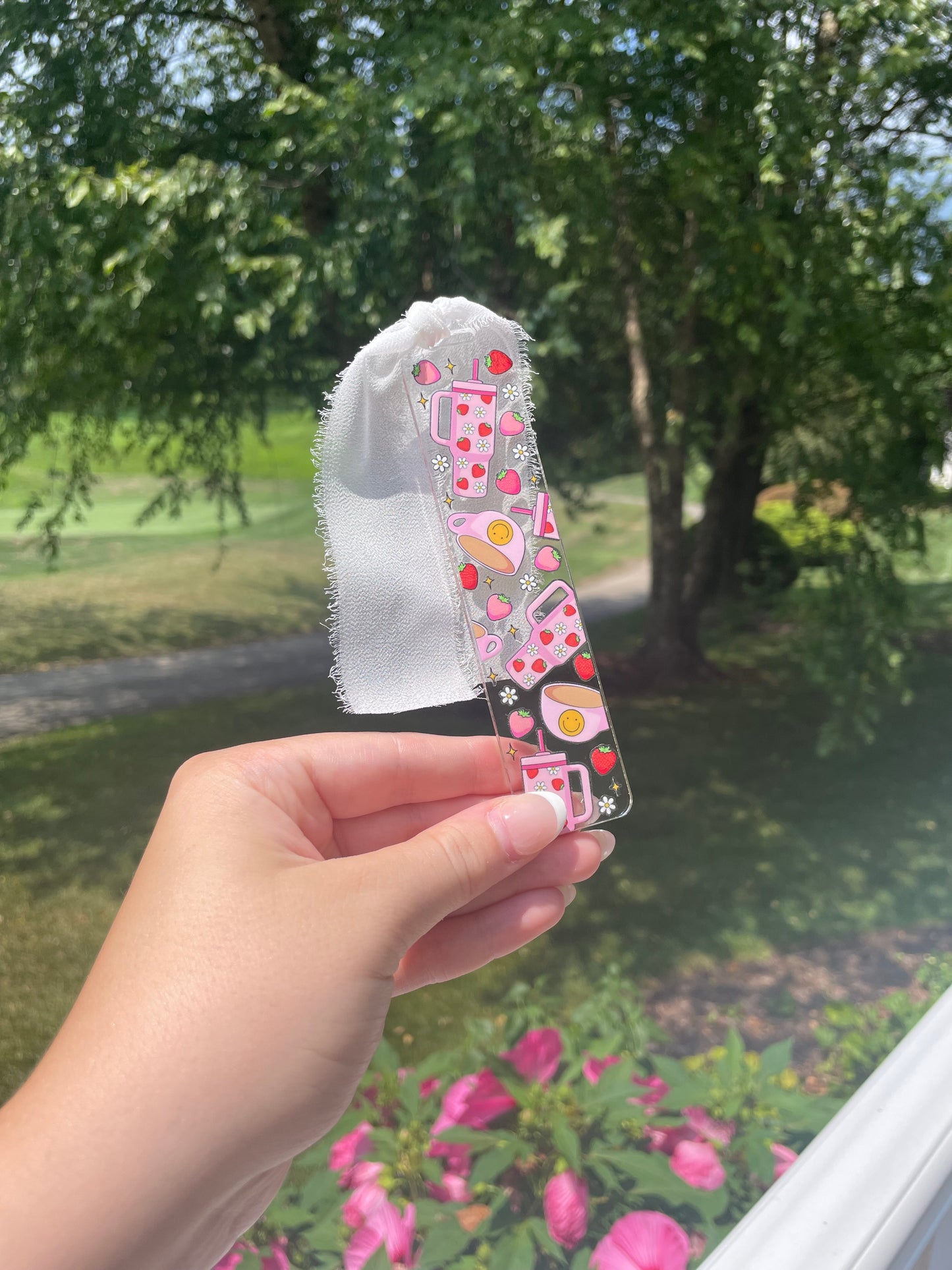 Girly Strawberries Clear Acrylic Bookmark with Chiffon Ribbon