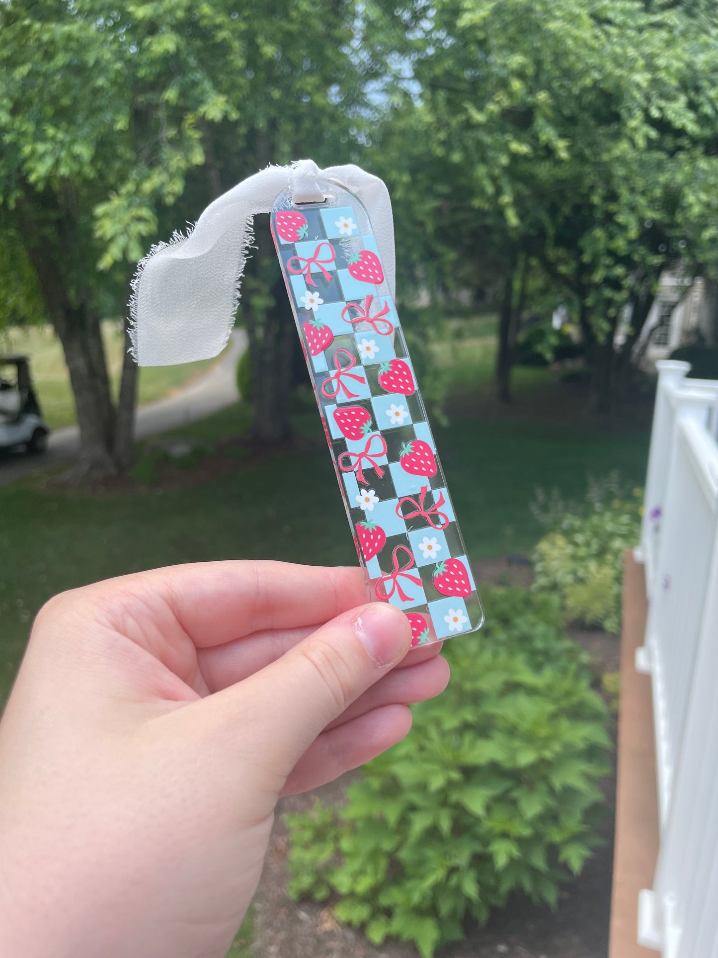 Blue Checkered Strawberries Clear Acrylic Bookmark with Chiffon Ribbon