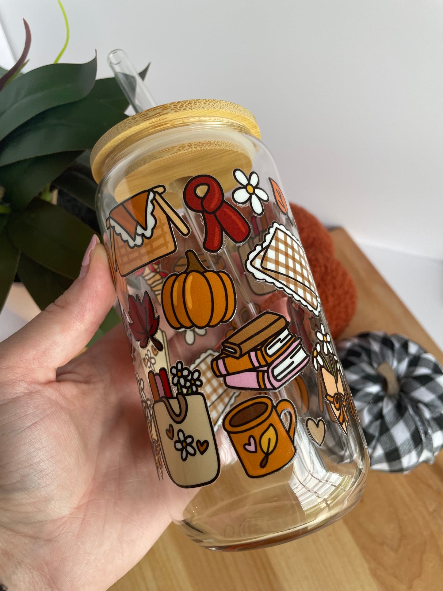 Fall Picnic Glass Cup with Bamboo Lid and Glass Straw