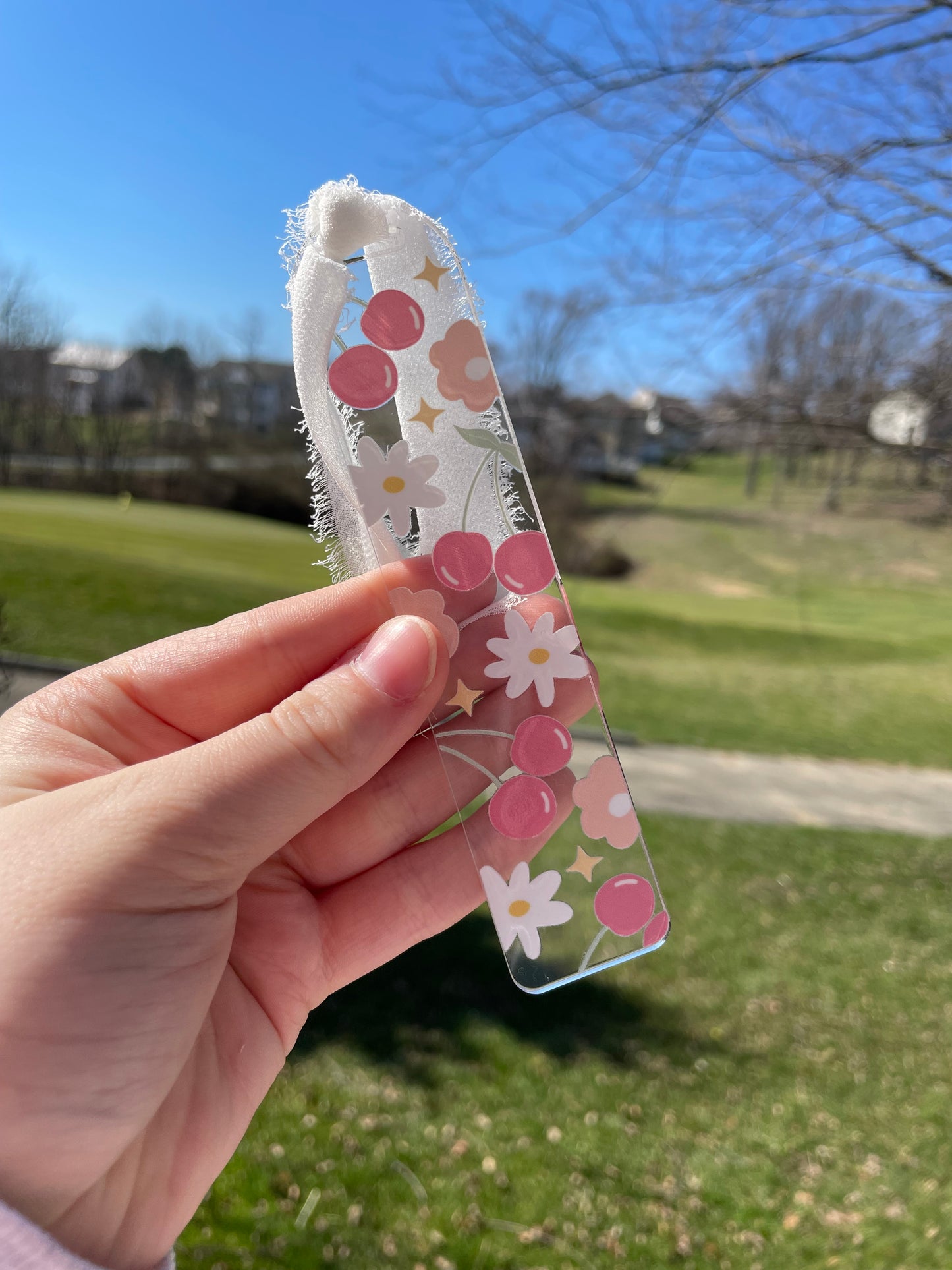 Cherries and Flowers Cute Clear Acrylic Bookmark with Chiffon Ribbon