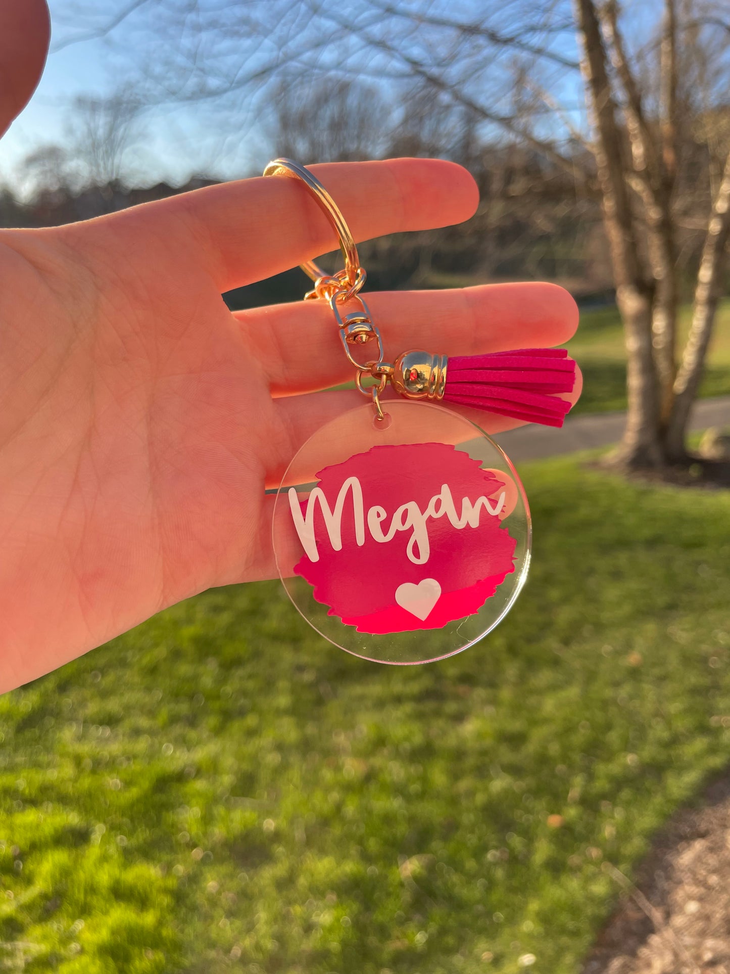 Custom Name Painted Circle Acrylic Keychain with Tassel and Gold Features