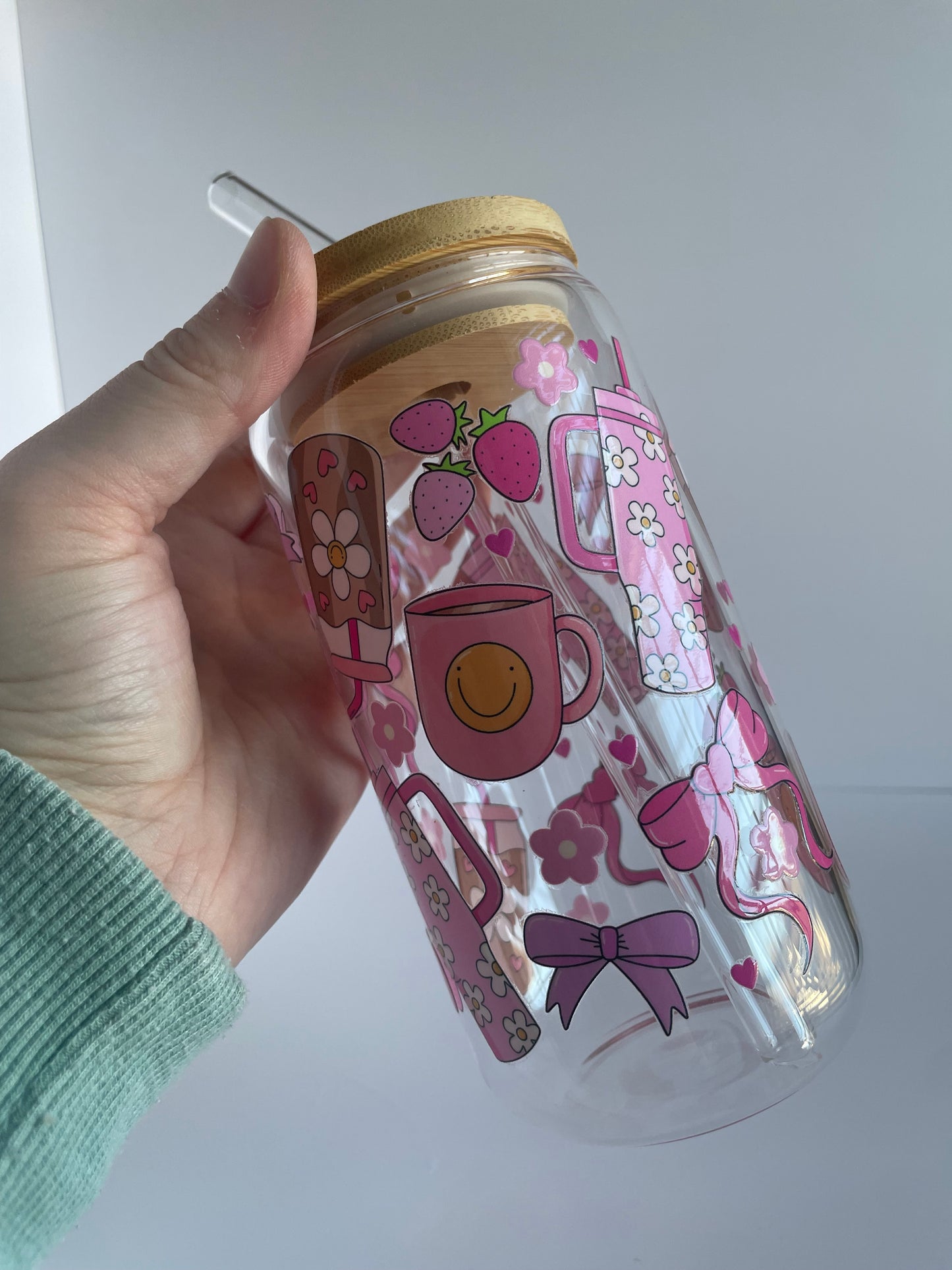 Pink Groovy Girly Glass Cup with Bamboo Lid and Glass Straw