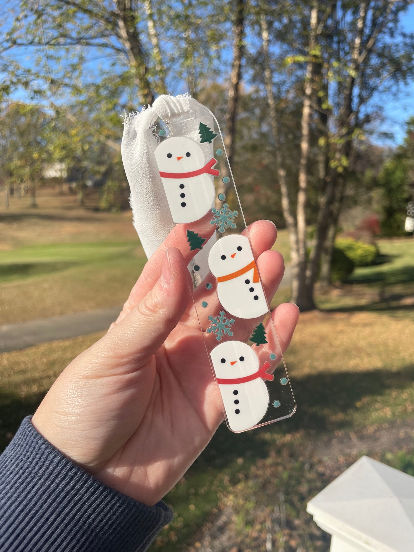 Holiday Snowmen Clear Acrylic Bookmark with Chiffon Ribbon