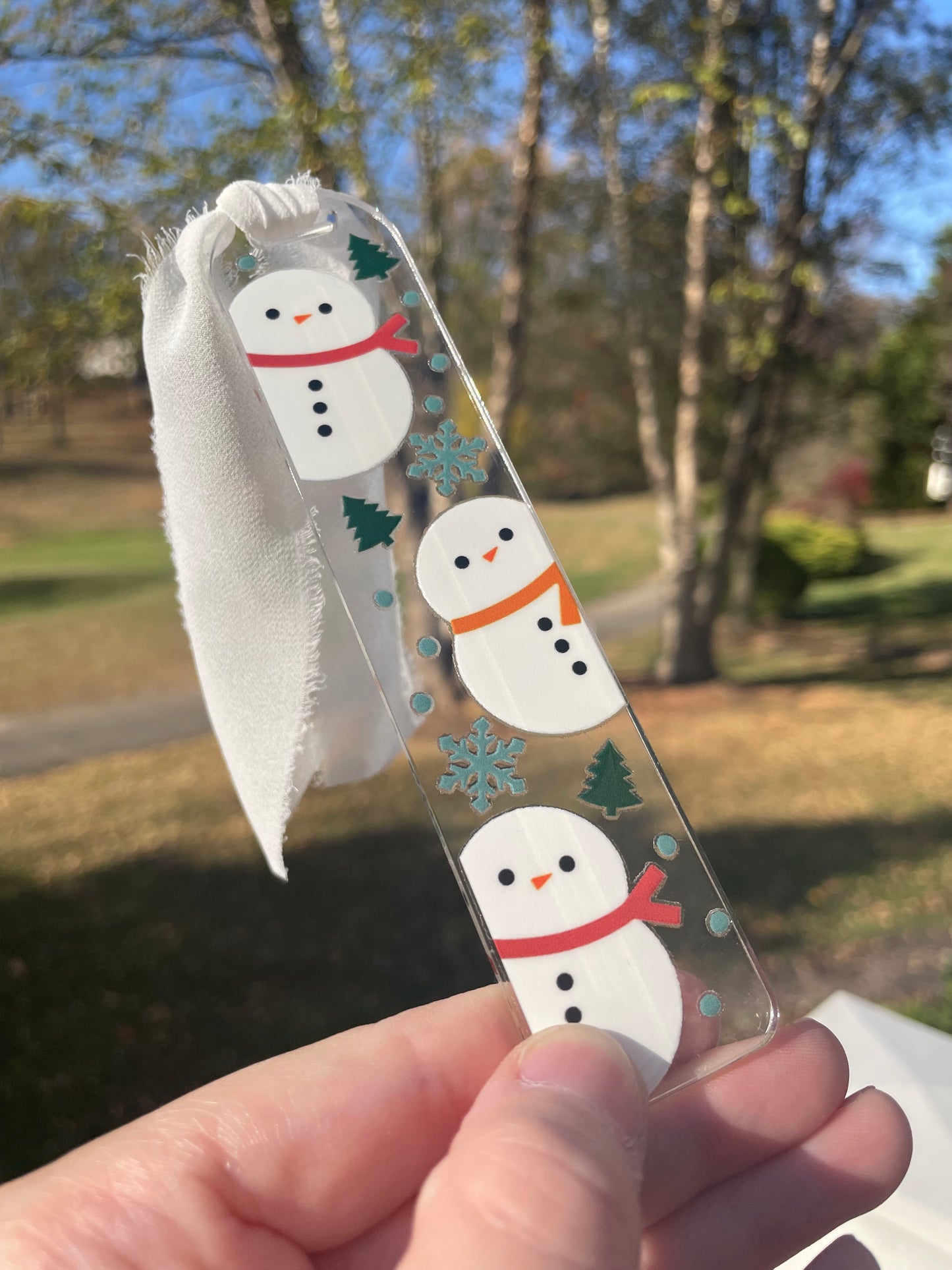 Holiday Snowmen Clear Acrylic Bookmark with Chiffon Ribbon