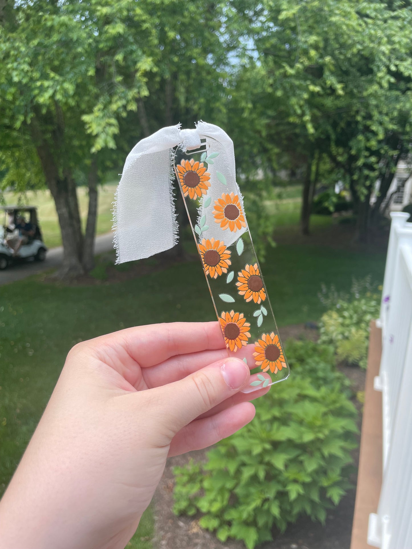 Blooming Sunflower Clear Acrylic Bookmark with Chiffon Ribbon