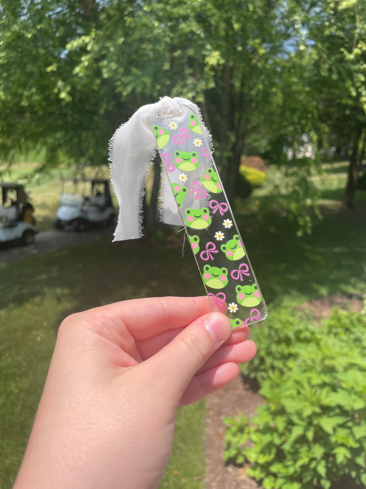 Adorable Froggies and Pink Bows Clear Acrylic Bookmark with Chiffon Ribbon