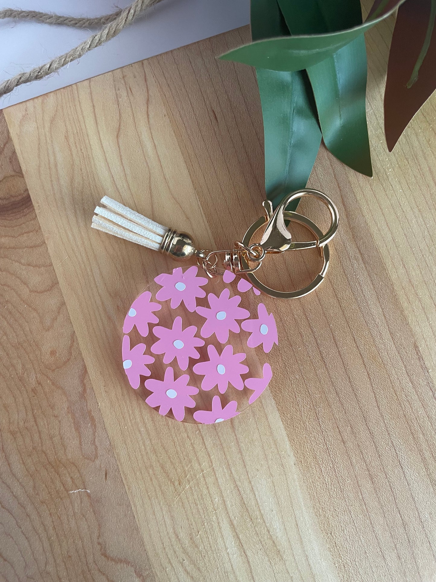 Pretty Pink Flowers Acrylic Keychain with a Cream Tassel and Gold Features
