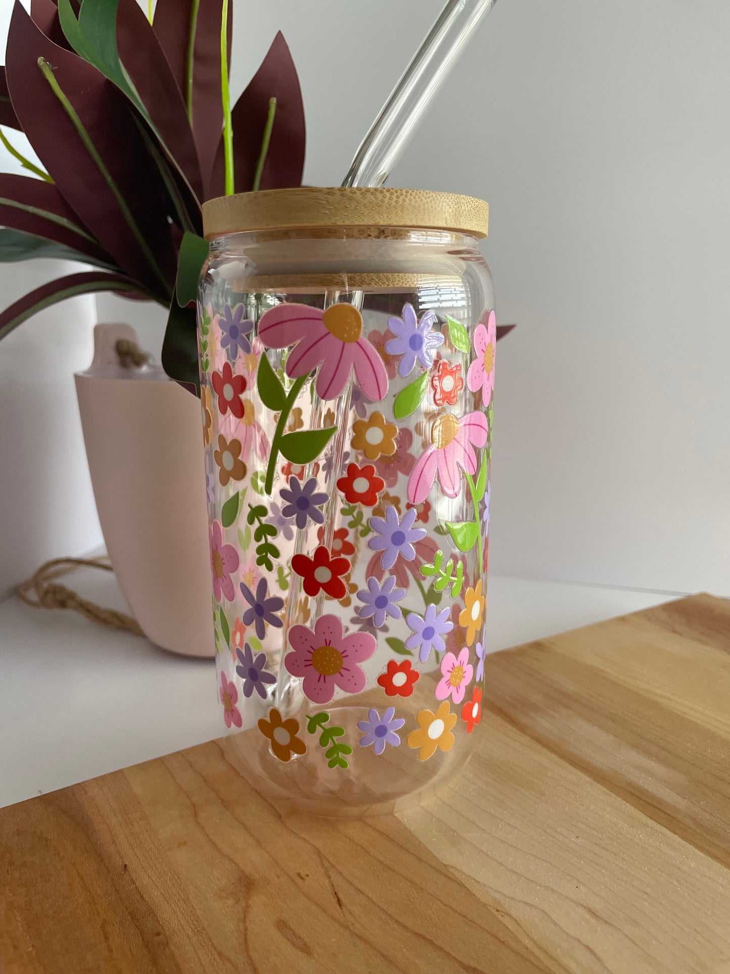 Spring Florals Glass Cup with Bamboo Lid and Glass Straw