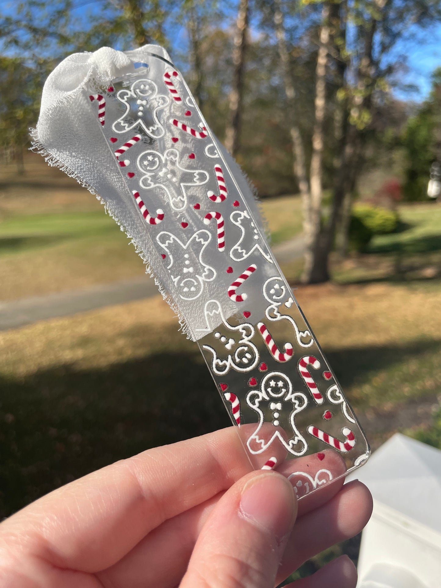 White Gingerbread Men and Candy Canes Clear Acrylic Bookmark with Chiffon Ribbon