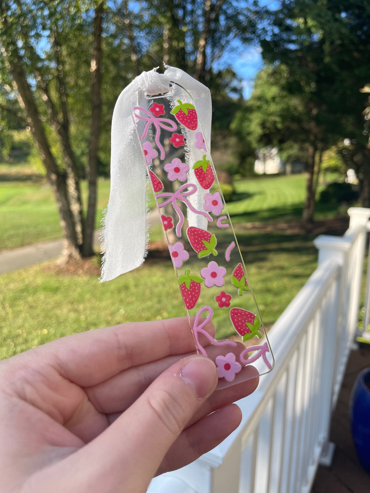 Strawberries and Pink Bows Cute Clear Acrylic Bookmark with Chiffon Ribbon