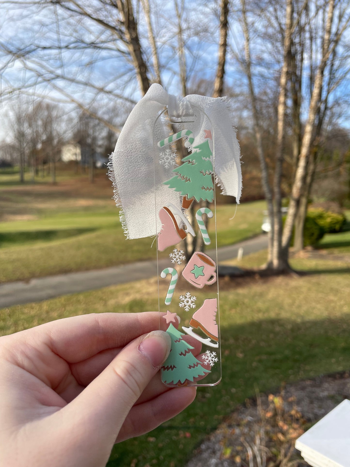 Pretty Pastel Winter Ice Skating Clear Acrylic Bookmark with Chiffon Ribbon