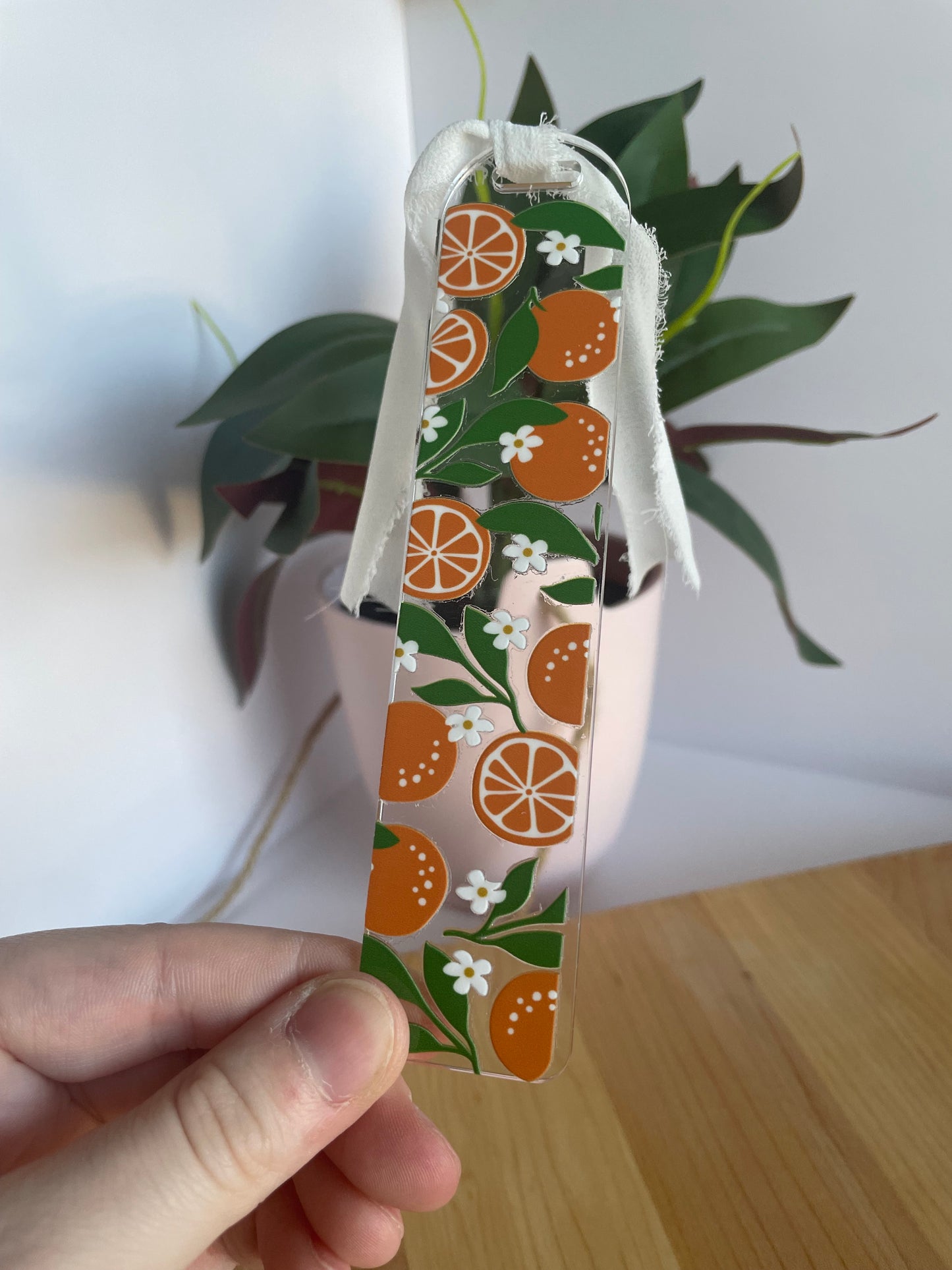 Summer Oranges Clear Acrylic Bookmark with Chiffon Ribbon