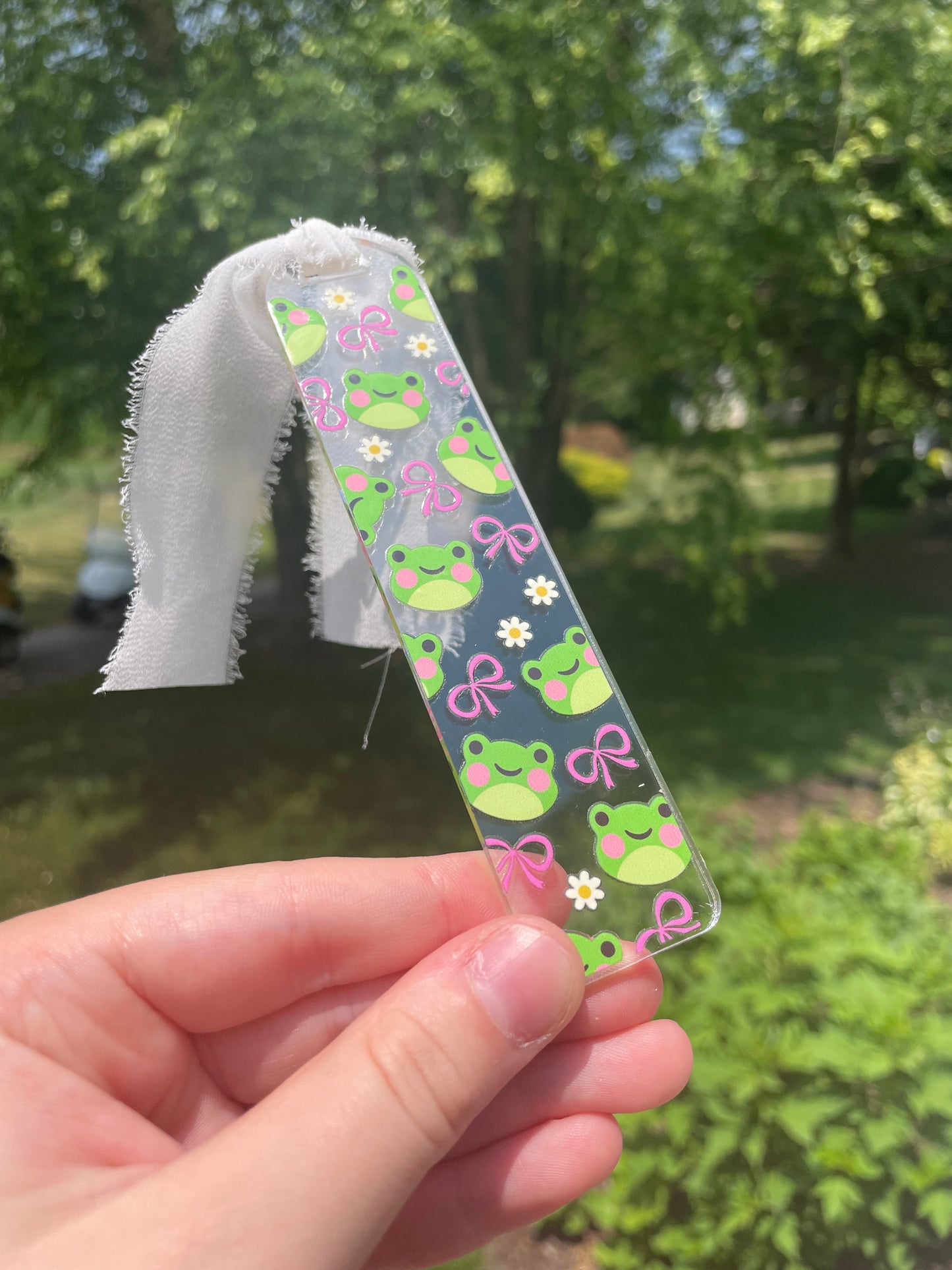 Adorable Froggies and Pink Bows Clear Acrylic Bookmark with Chiffon Ribbon