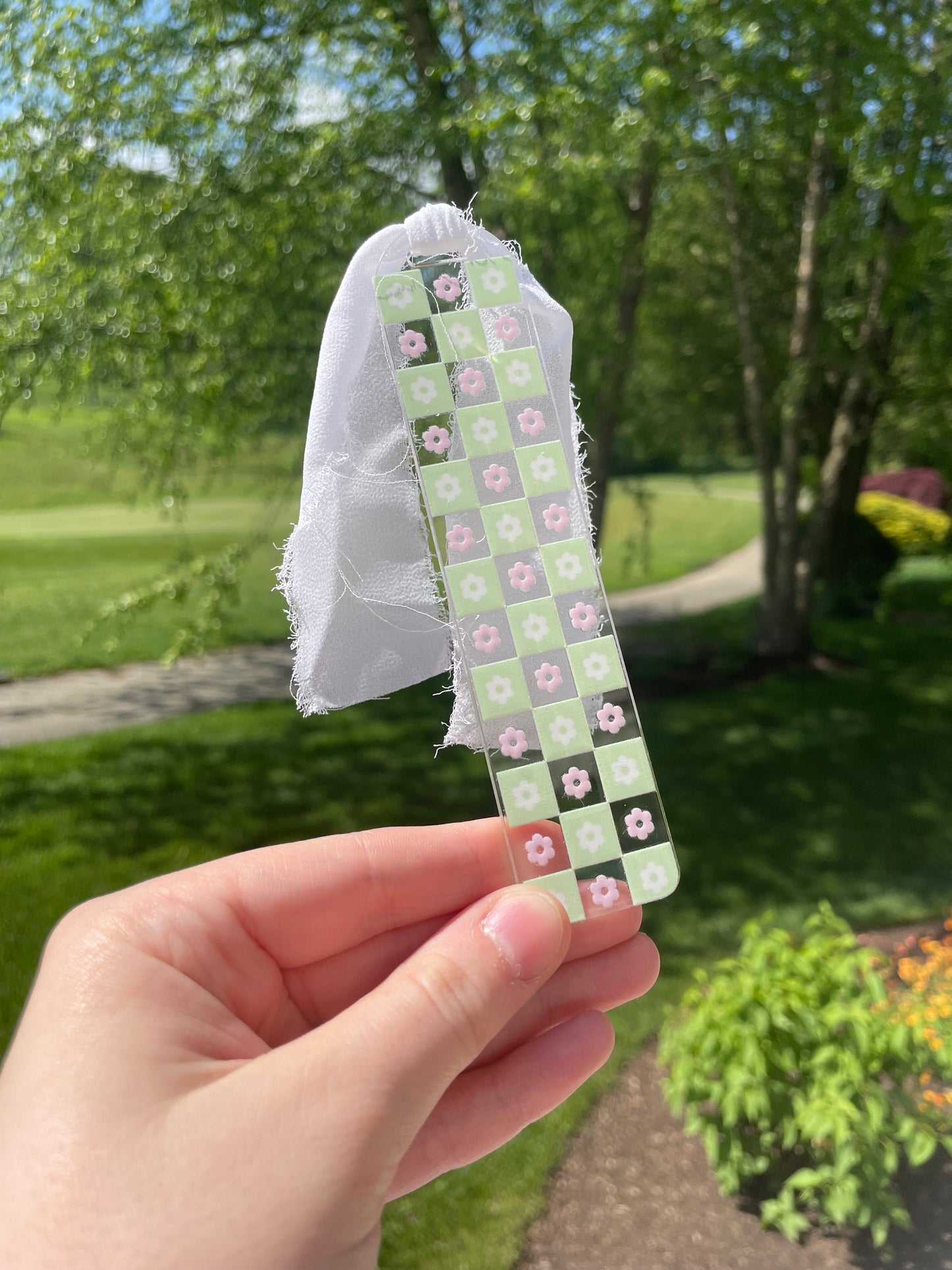 Light Green and Pink Checkered Flowers Clear Acrylic Bookmark with Chiffon Ribbon