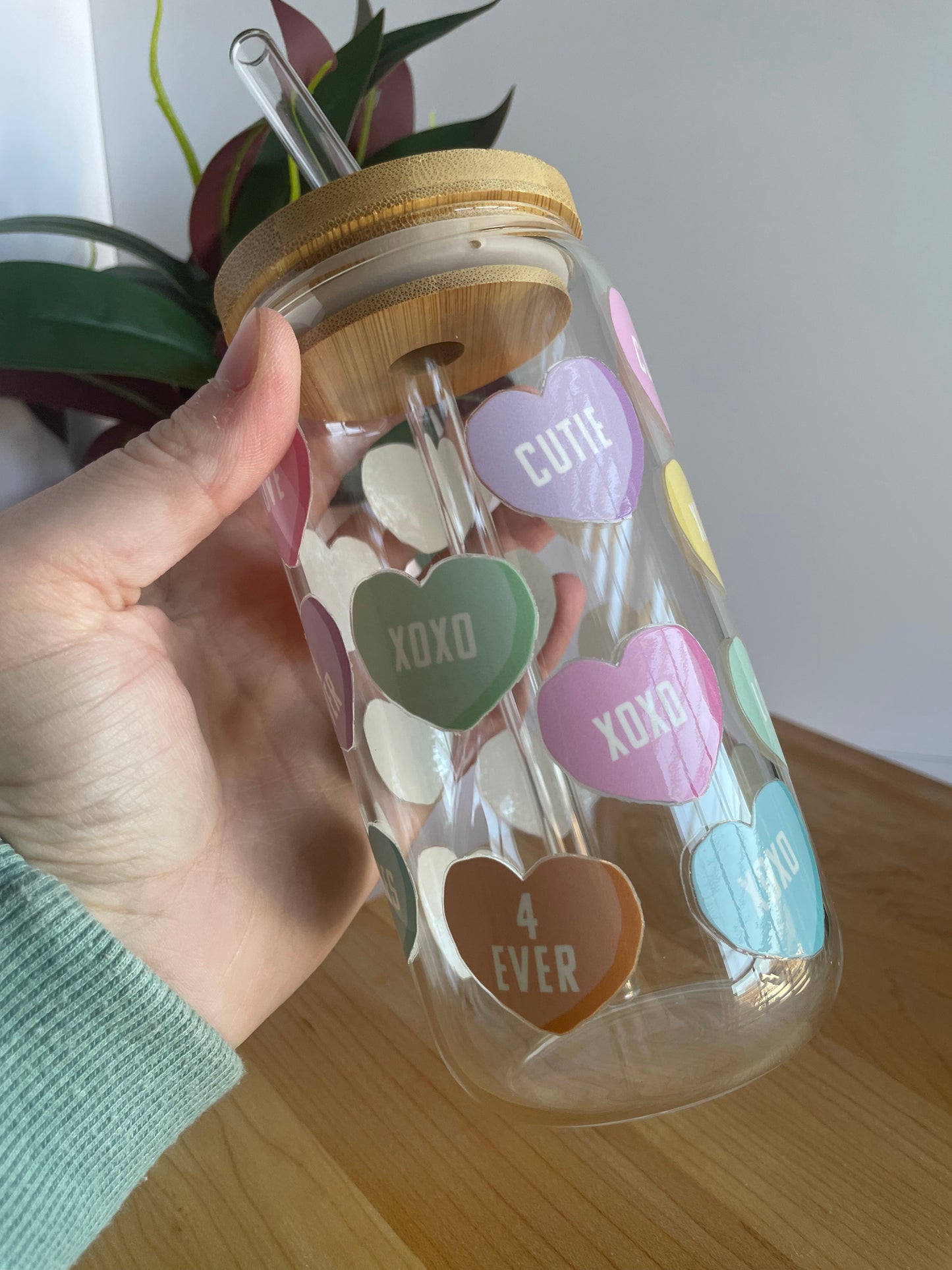 Conversation Hearts Glass Cup with Bamboo Lid and Glass Straw