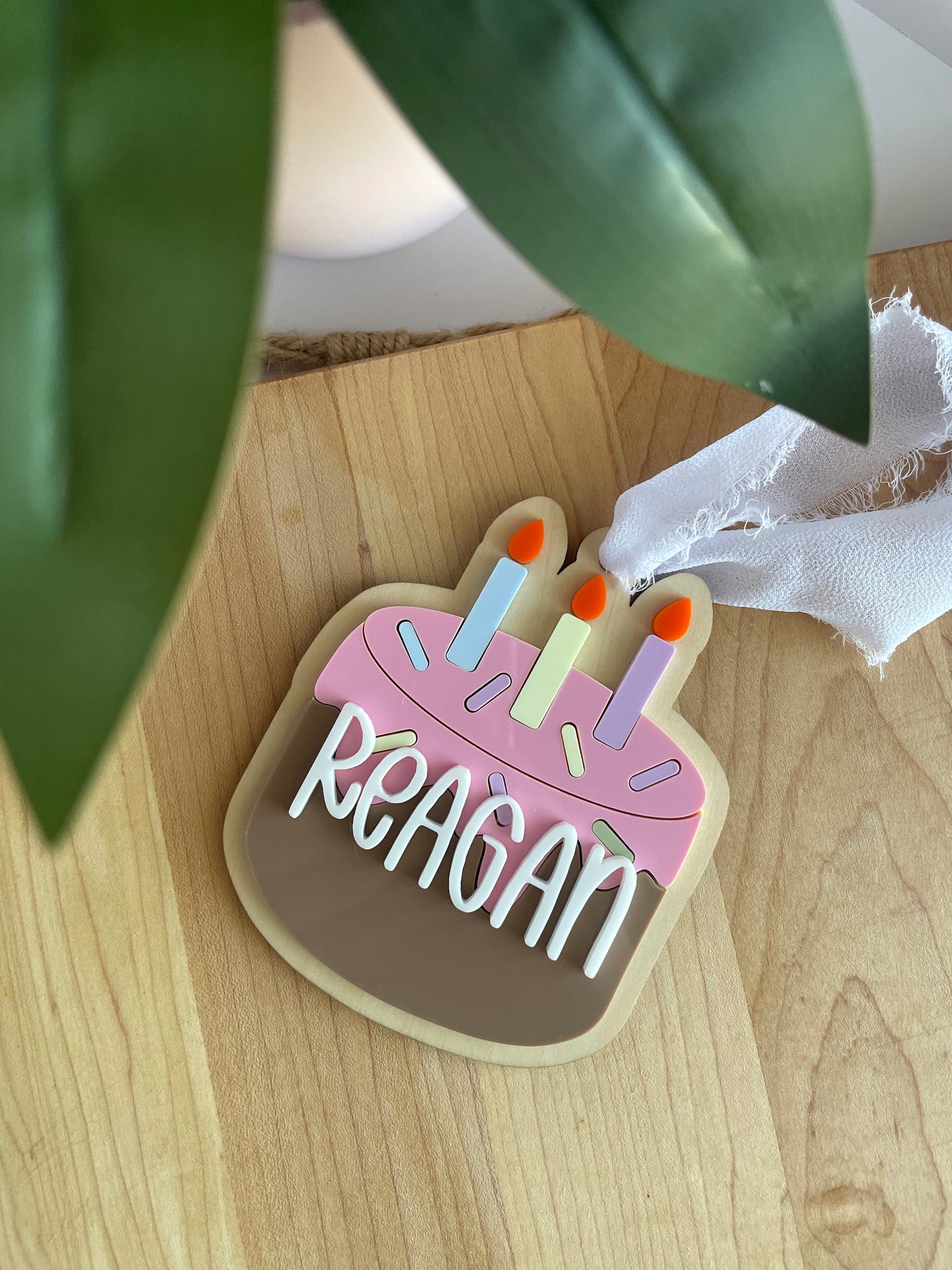 Birthday Cake Acrylic Gift Tag with Chiffon Ribbon
