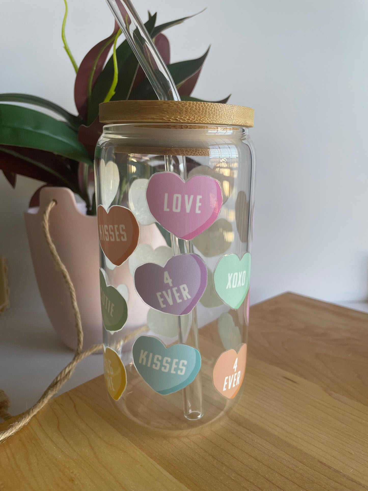 Conversation Hearts Glass Cup with Bamboo Lid and Glass Straw