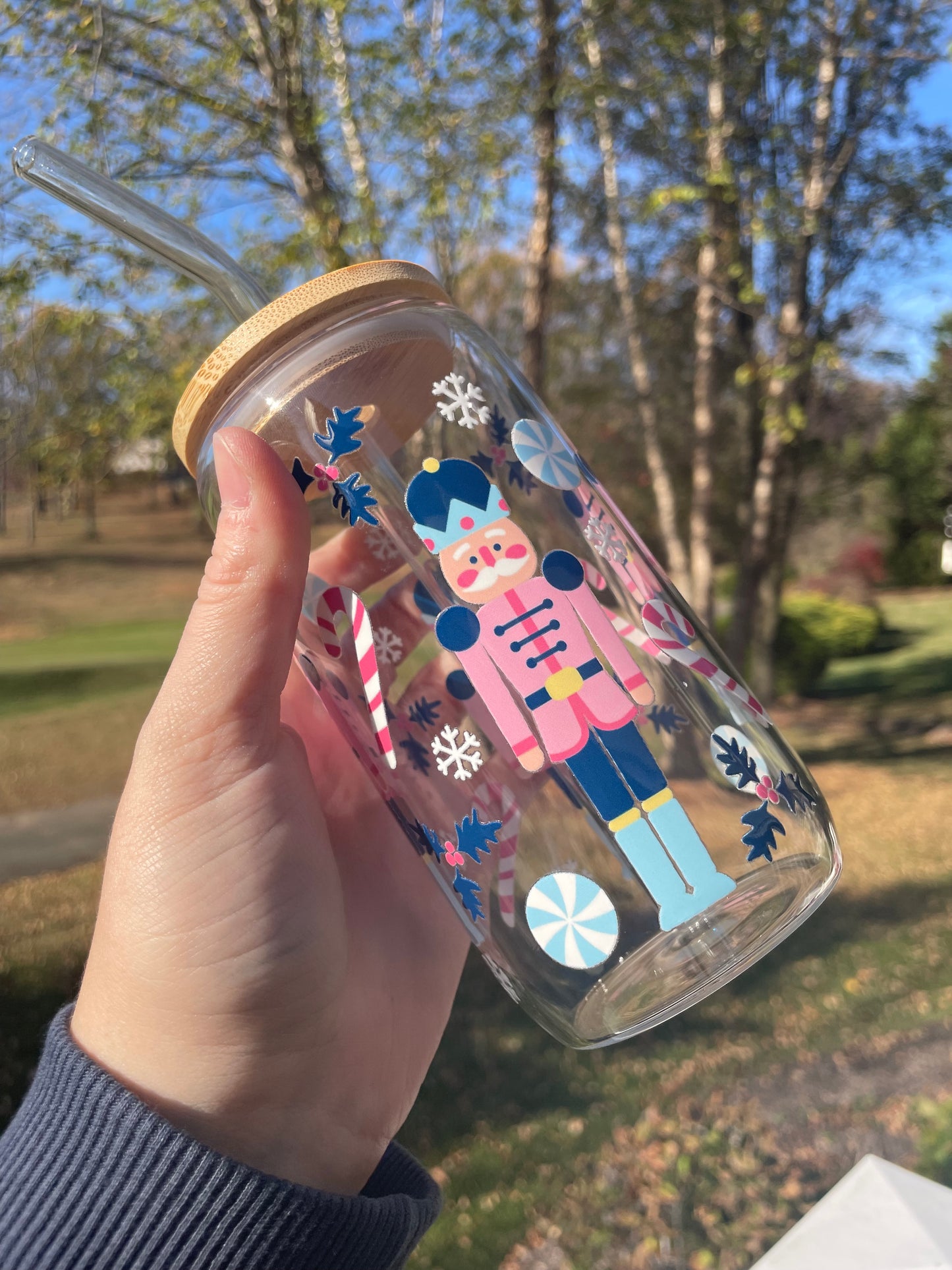 Blue Nutcrackers Holiday Glass Cup with Bamboo Lid and Glass Straw