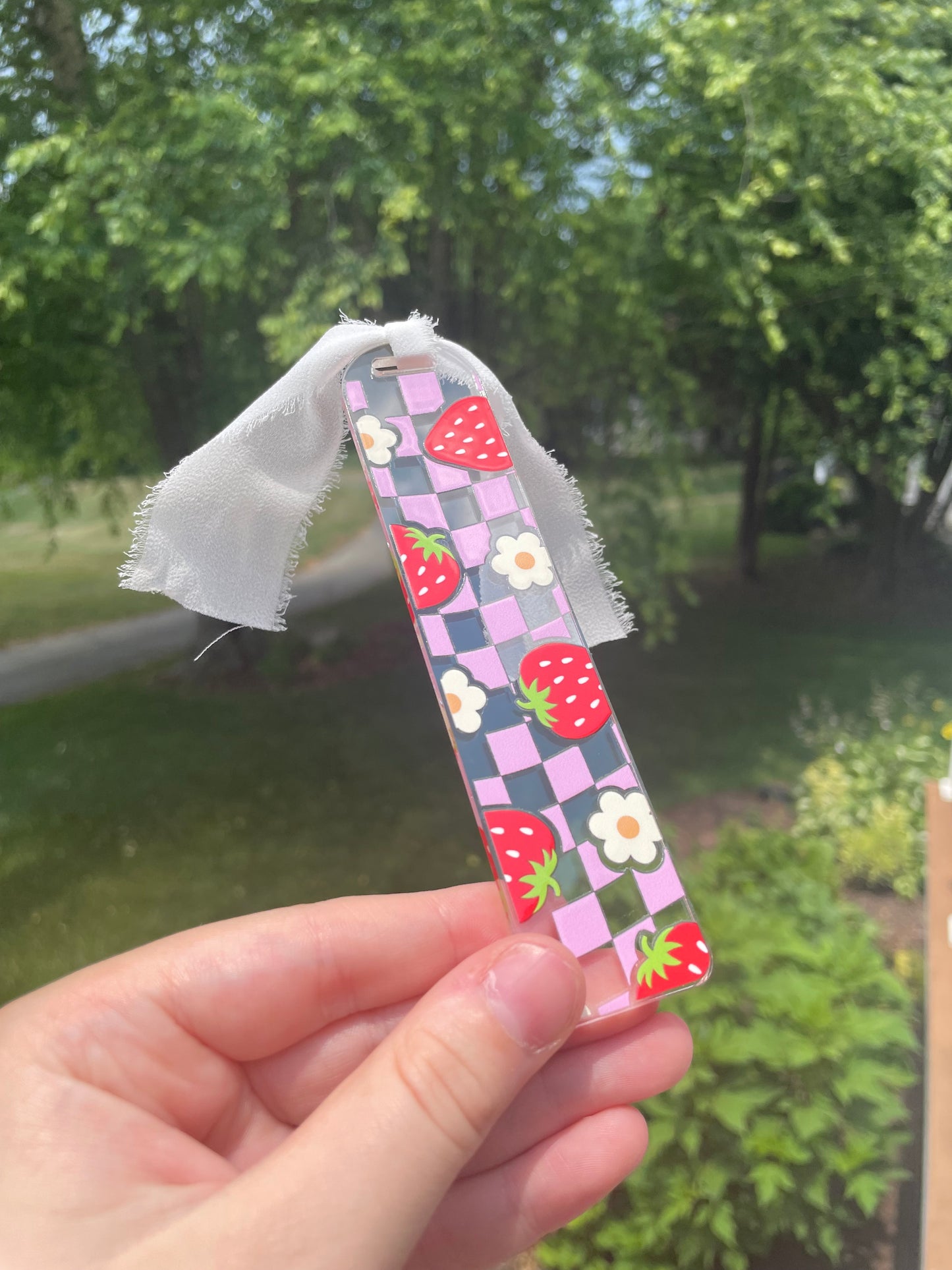 Strawberries and Pink Checkers Clear Acrylic Bookmark with Chiffon Ribbon