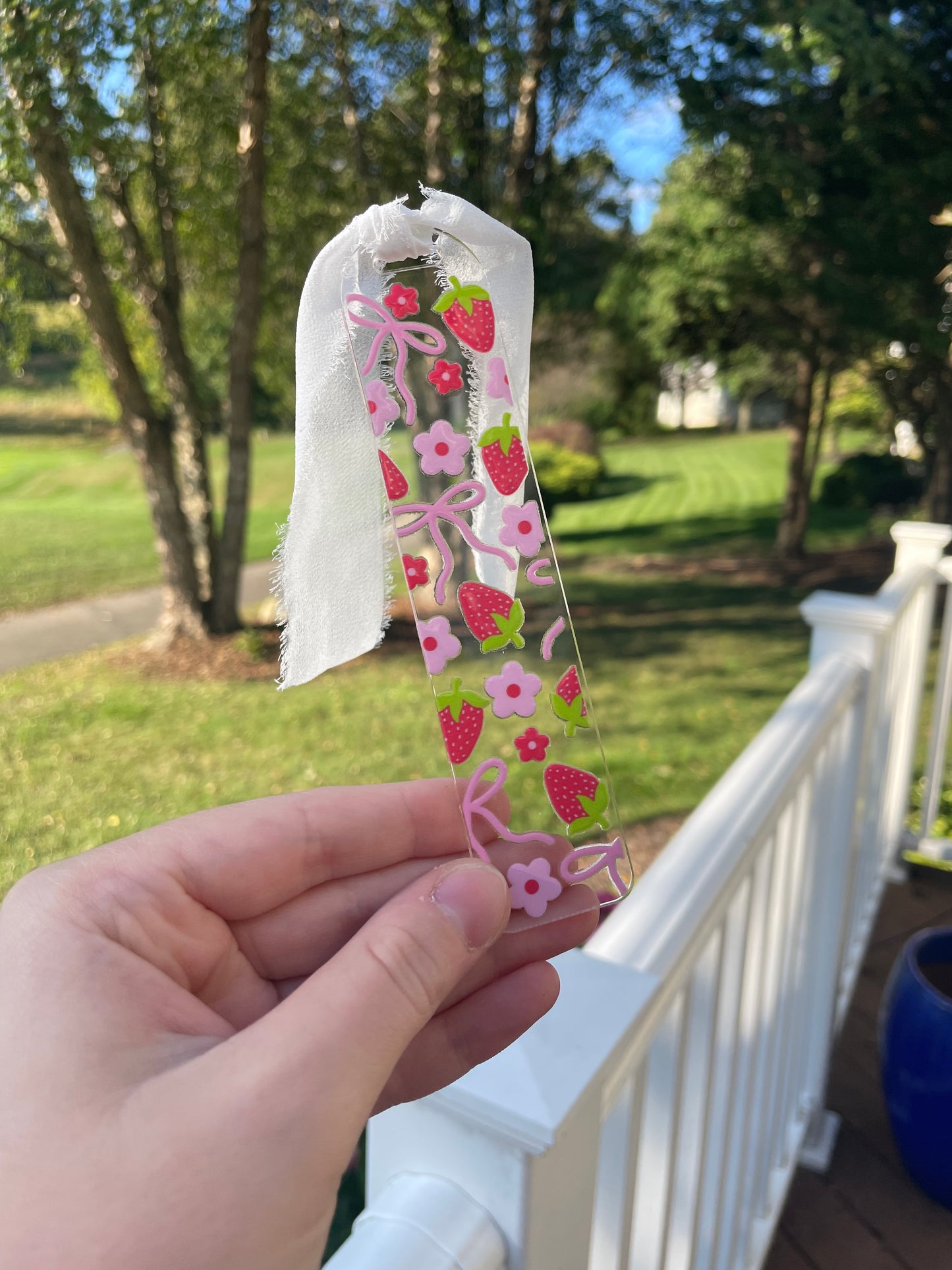 Strawberries and Pink Bows Cute Clear Acrylic Bookmark with Chiffon Ribbon
