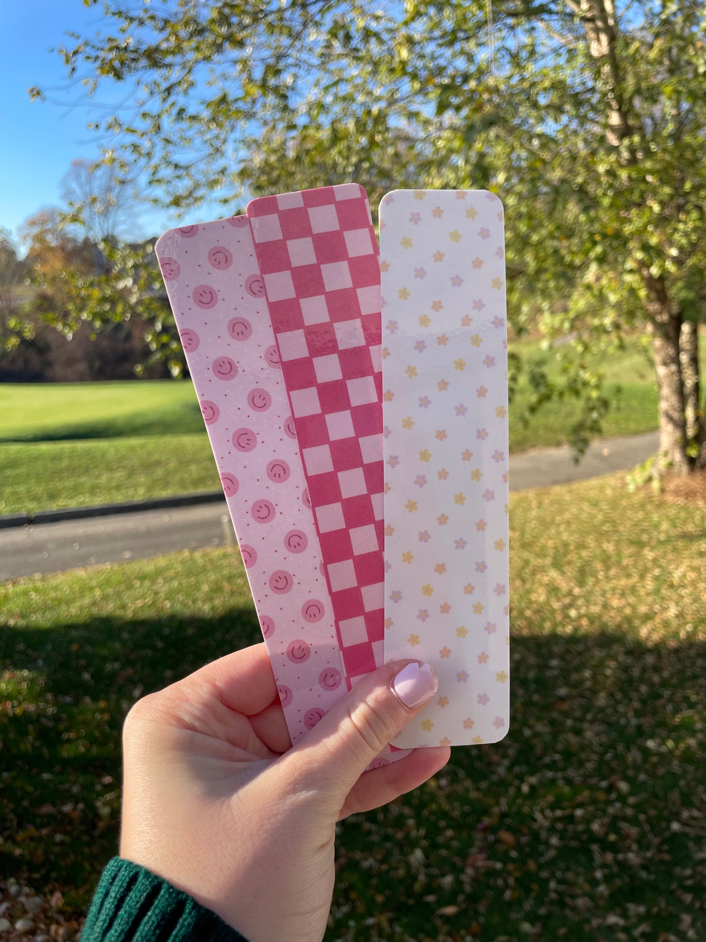 3 Pack of Hand Drawn Bookmarks - Pretty Pink Checkers, Cute Smiley, and Blooming Flowers