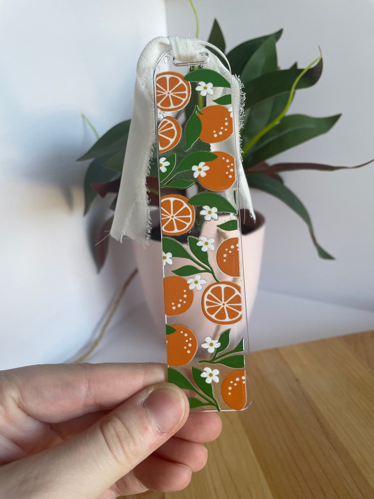 Summer Oranges Clear Acrylic Bookmark with Chiffon Ribbon
