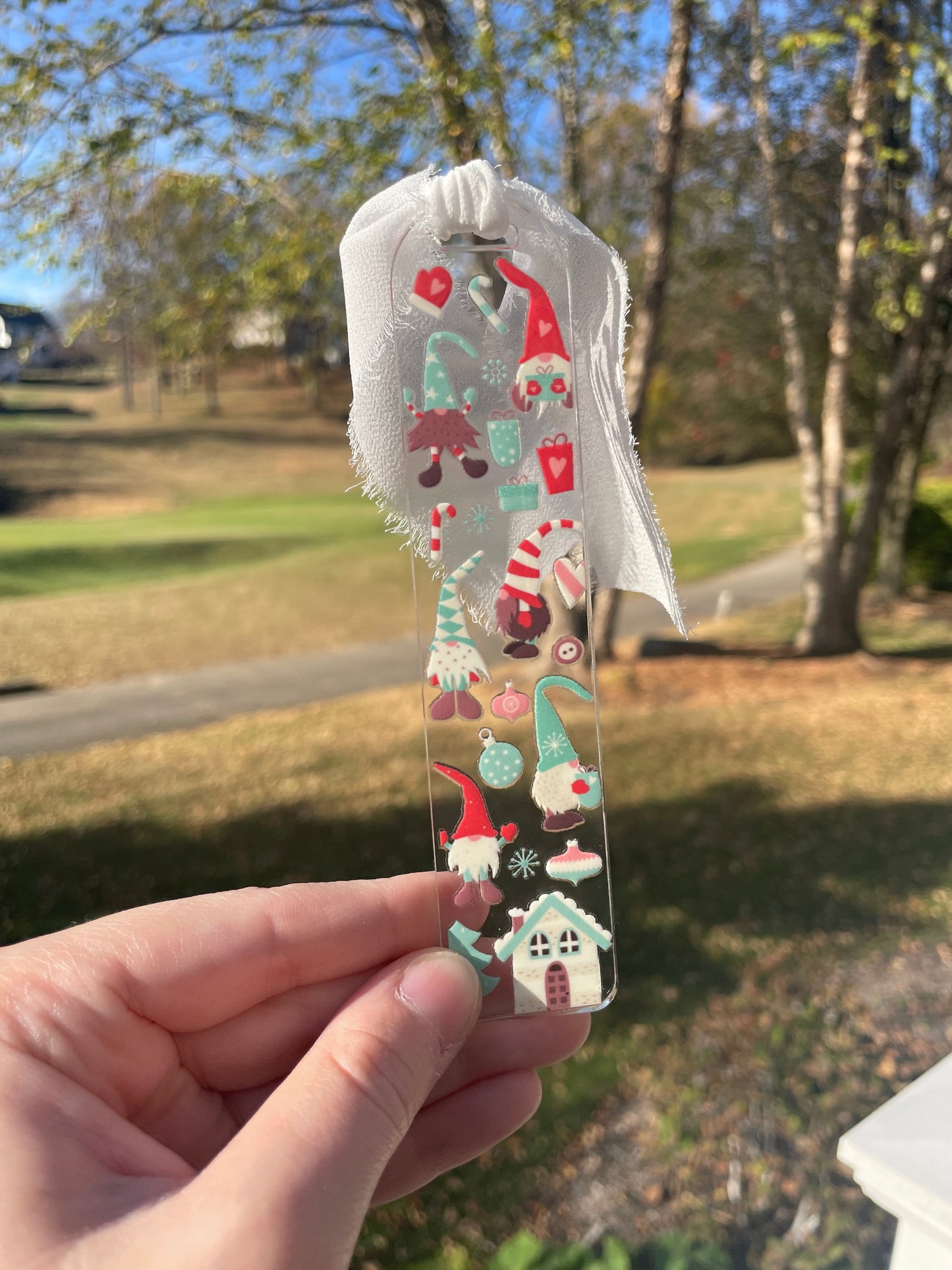 Holiday Gnomes Clear Acrylic Bookmark with Chiffon Ribbon