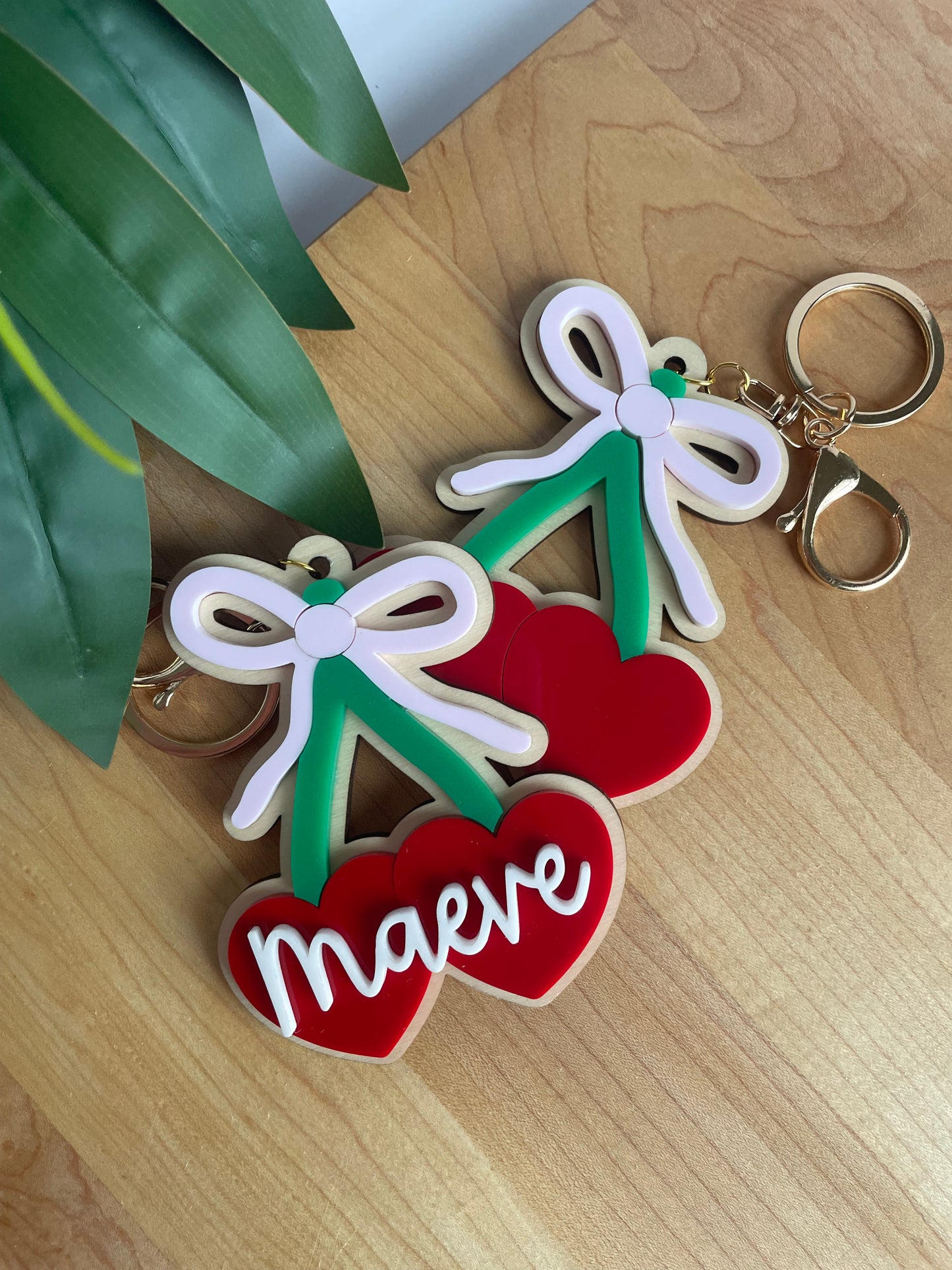 Cute Cherry and Bow Acrylic Keychain with Gold Features