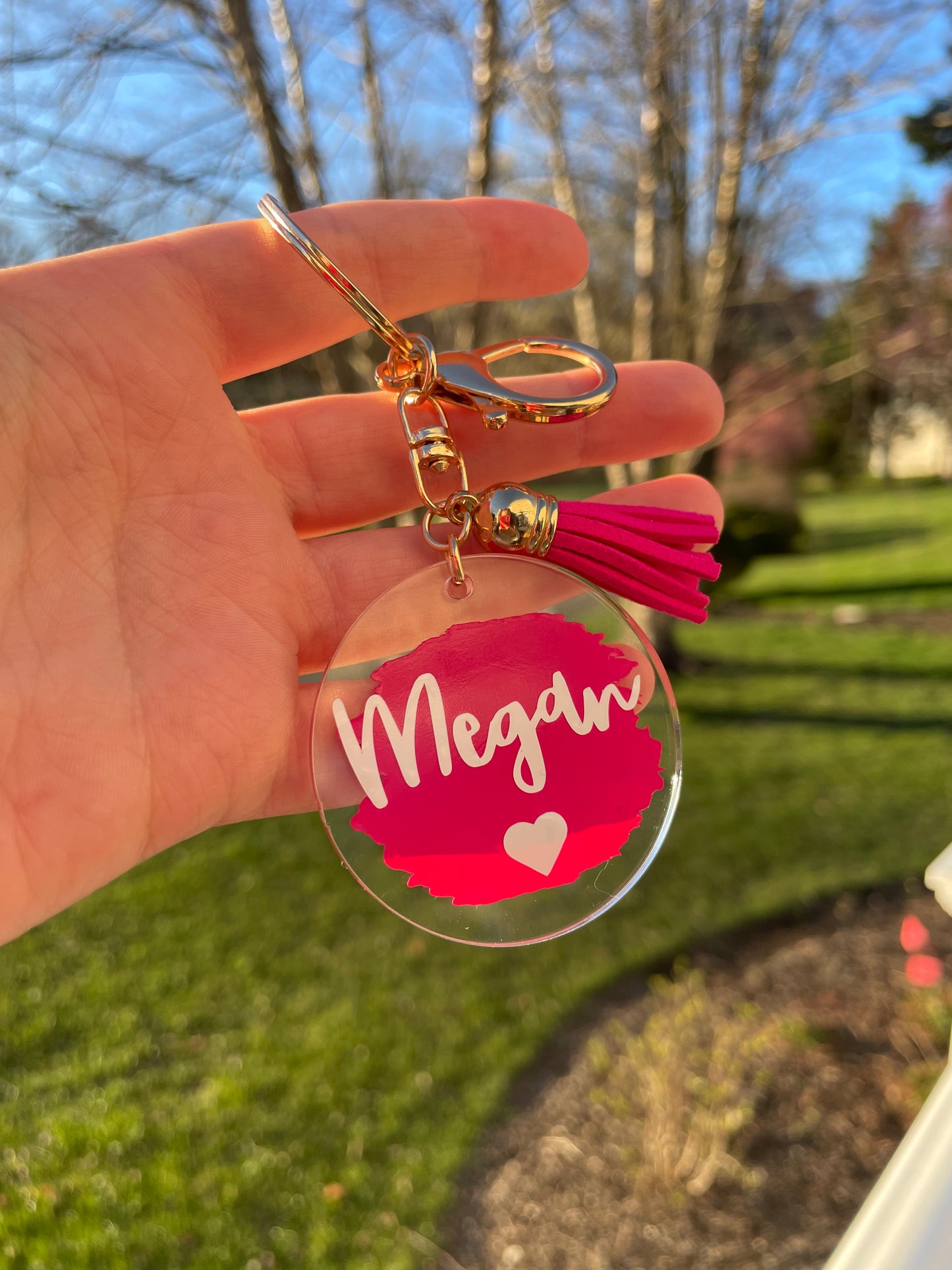 Custom Name Painted Circle Acrylic Keychain with Tassel and Gold Features