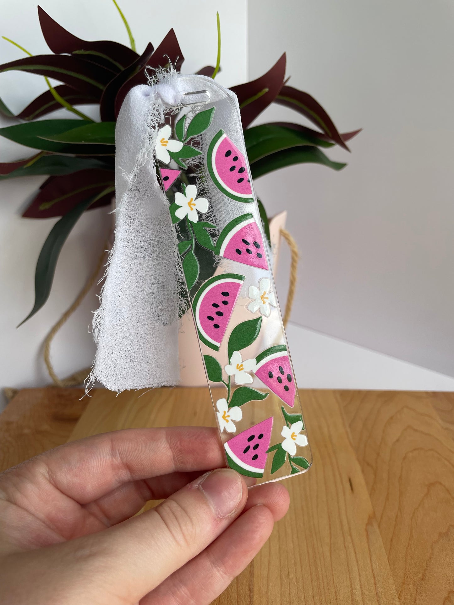 Summer Watermelons Clear Acrylic Bookmark with Chiffon Ribbon