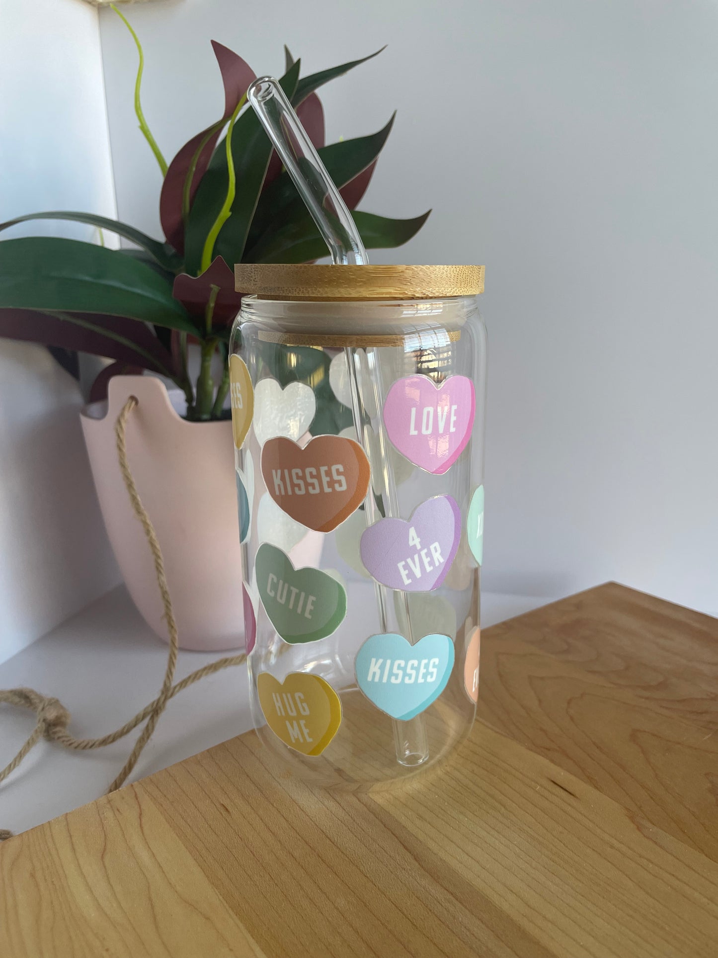 Conversation Hearts Glass Cup with Bamboo Lid and Glass Straw