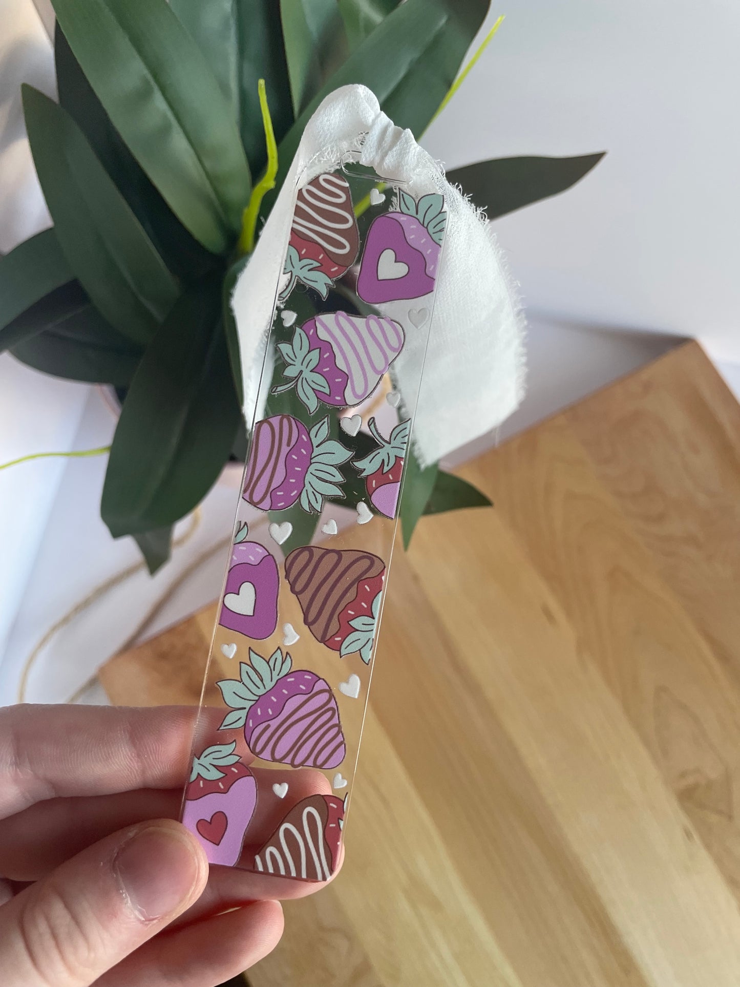 Chocolate Covered Strawberries Clear Acrylic Bookmark with Chiffon Ribbon