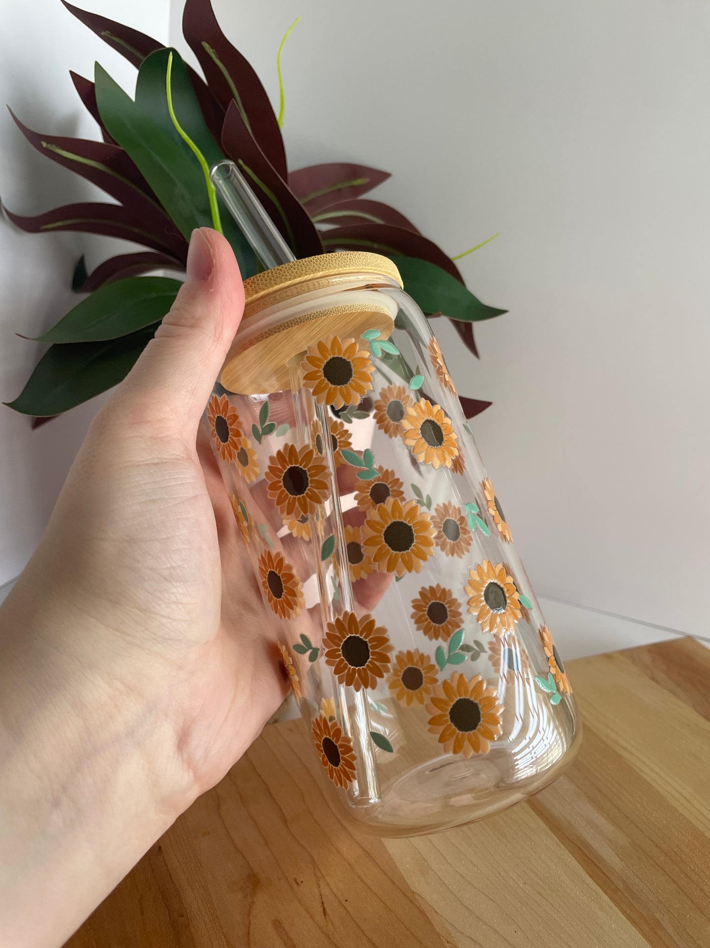 Blooming Sunflowers Glass Cup with Bamboo Lid and Glass Straw