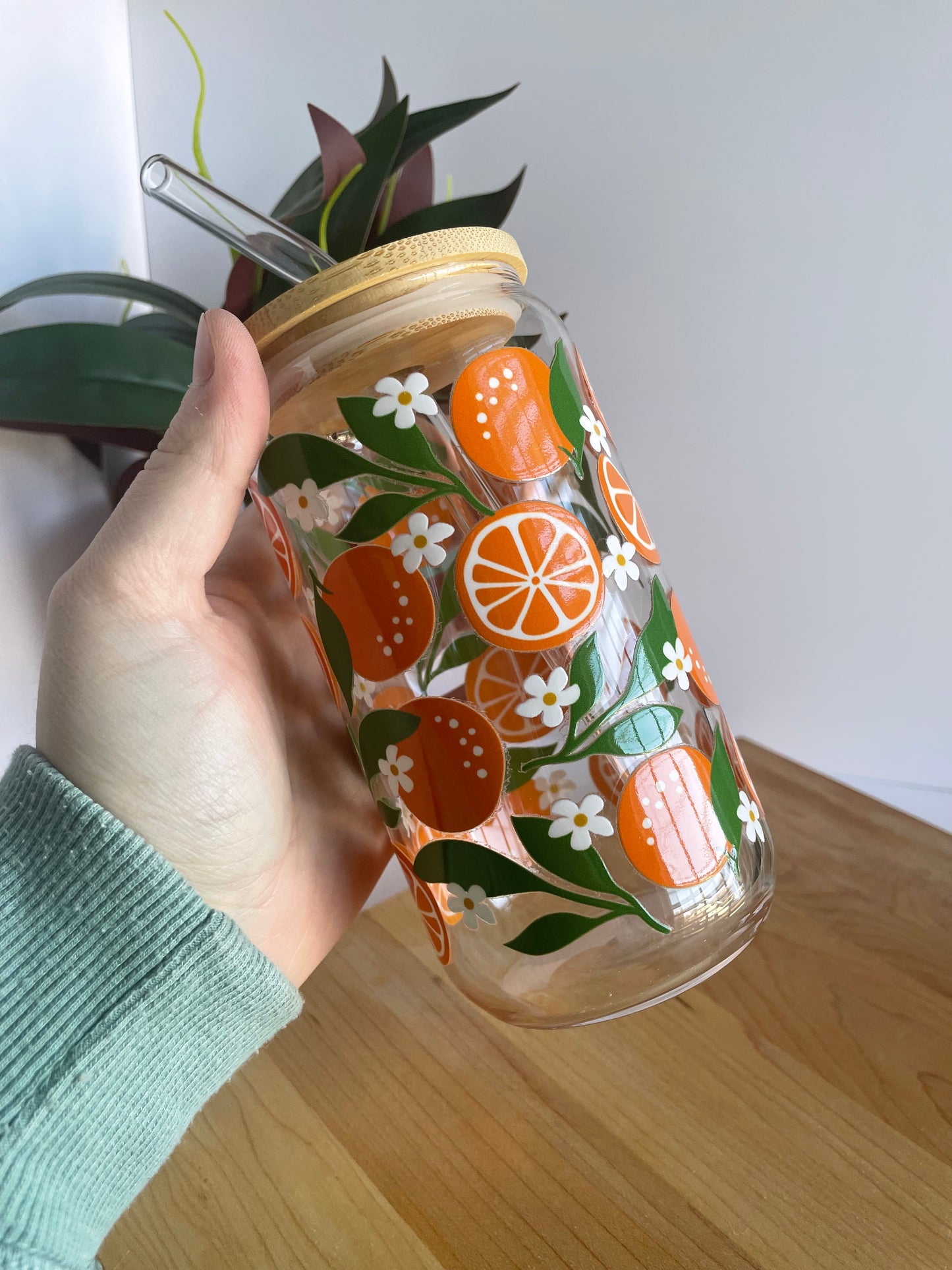Summer Oranges Glass Cup with Bamboo Lid and Glass Straw