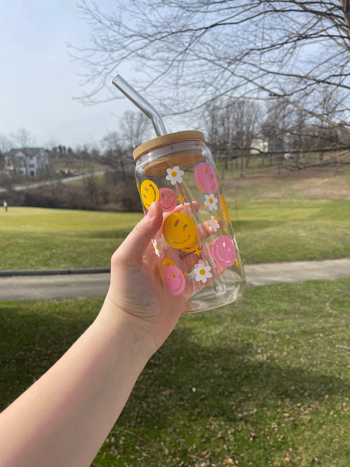 Pink and Yellow Smiley Faces and Daises Glass Cup with Bamboo Lid and Glass Straw