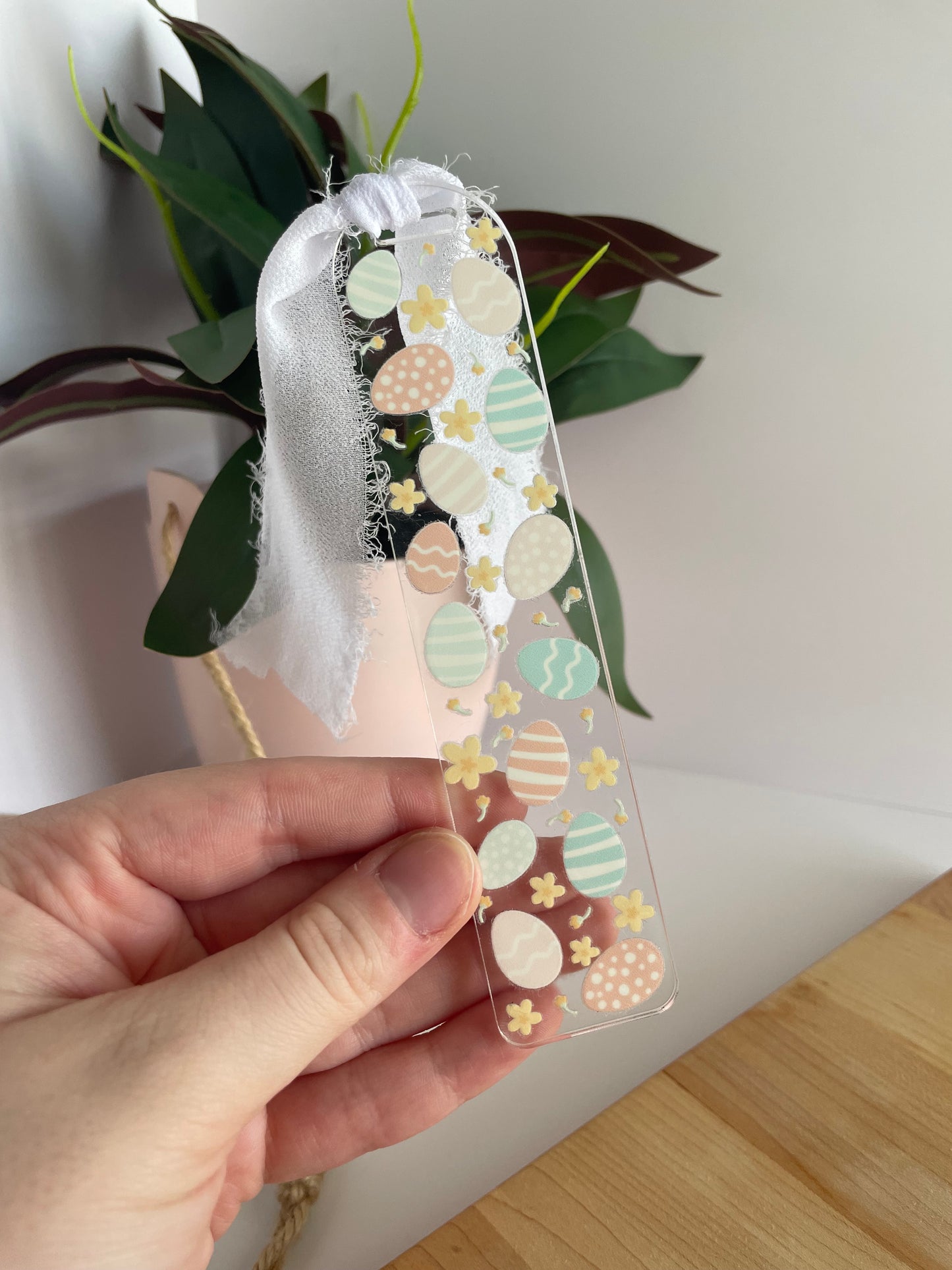 Pastel Easter Eggs Clear Acrylic Bookmark with Chiffon Ribbon