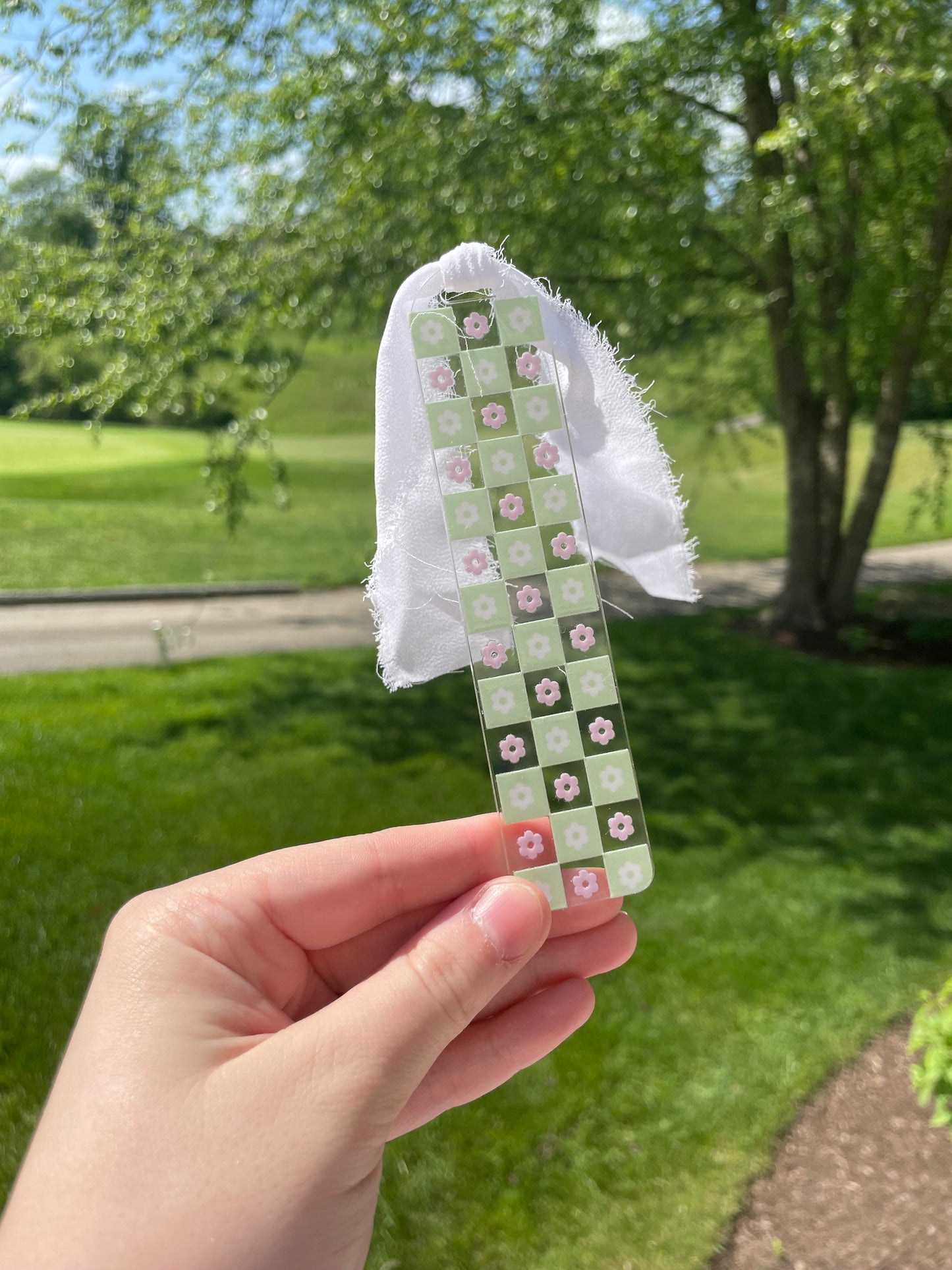 Light Green and Pink Checkered Flowers Clear Acrylic Bookmark with Chiffon Ribbon