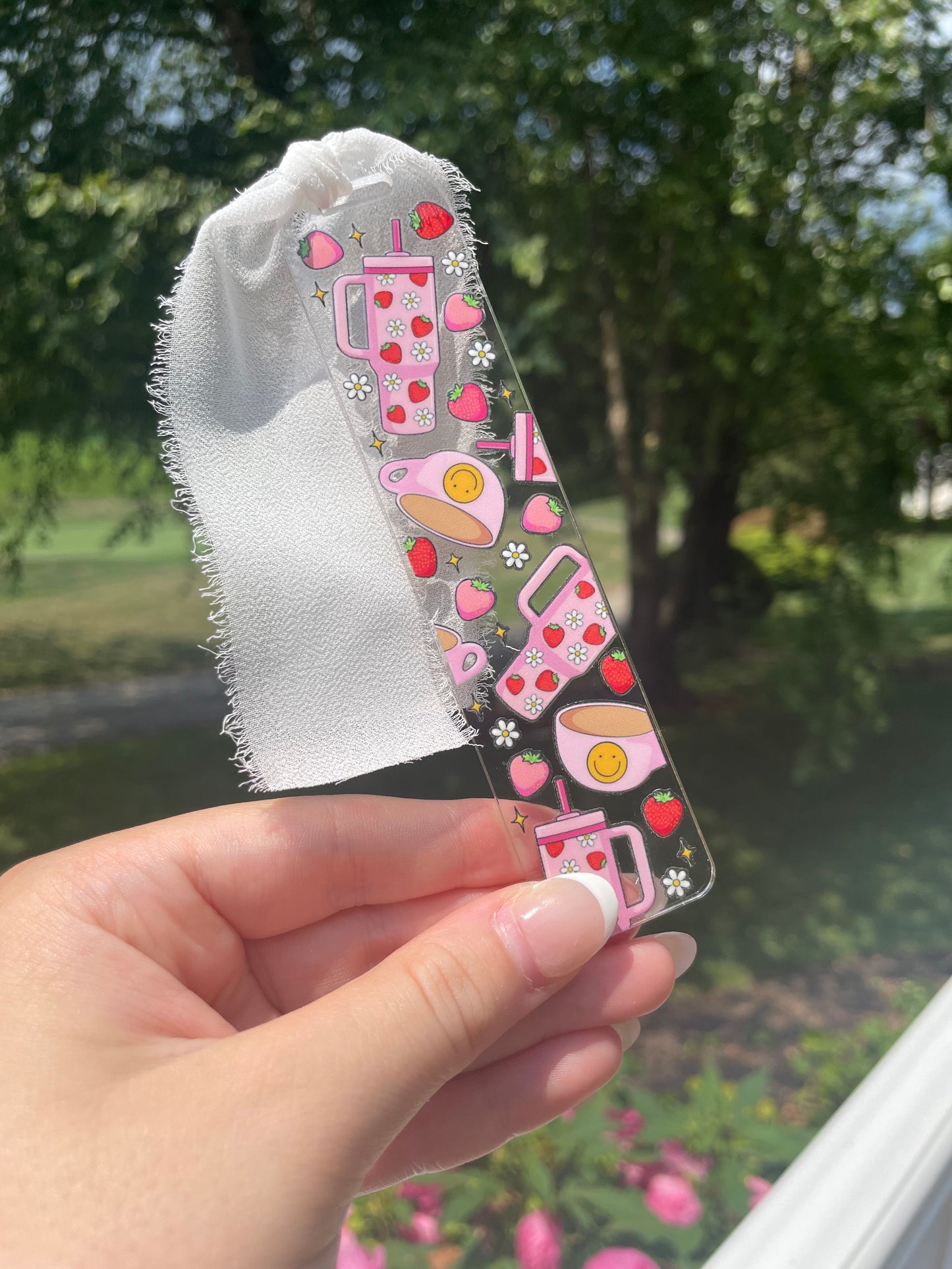 Girly Strawberries Clear Acrylic Bookmark with Chiffon Ribbon