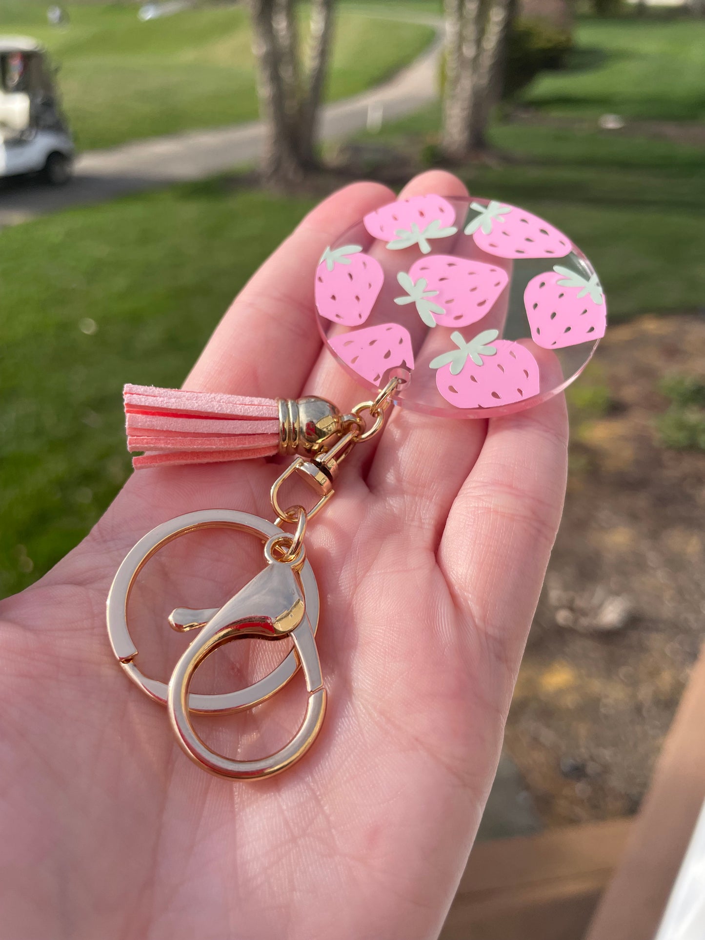 Cute Strawberries Circle Clear Acrylic Keychain with Tassel and Gold Features
