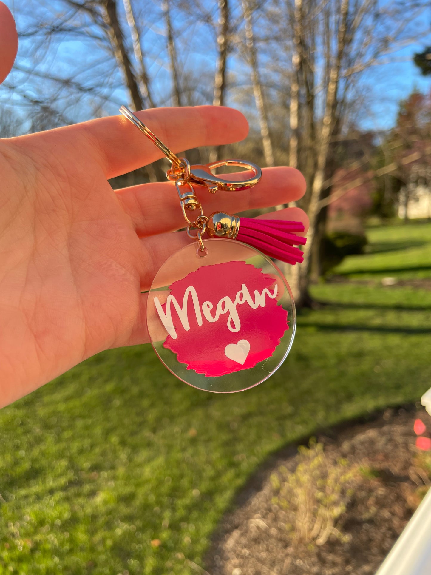 Custom Name Painted Circle Acrylic Keychain with Tassel and Gold Features