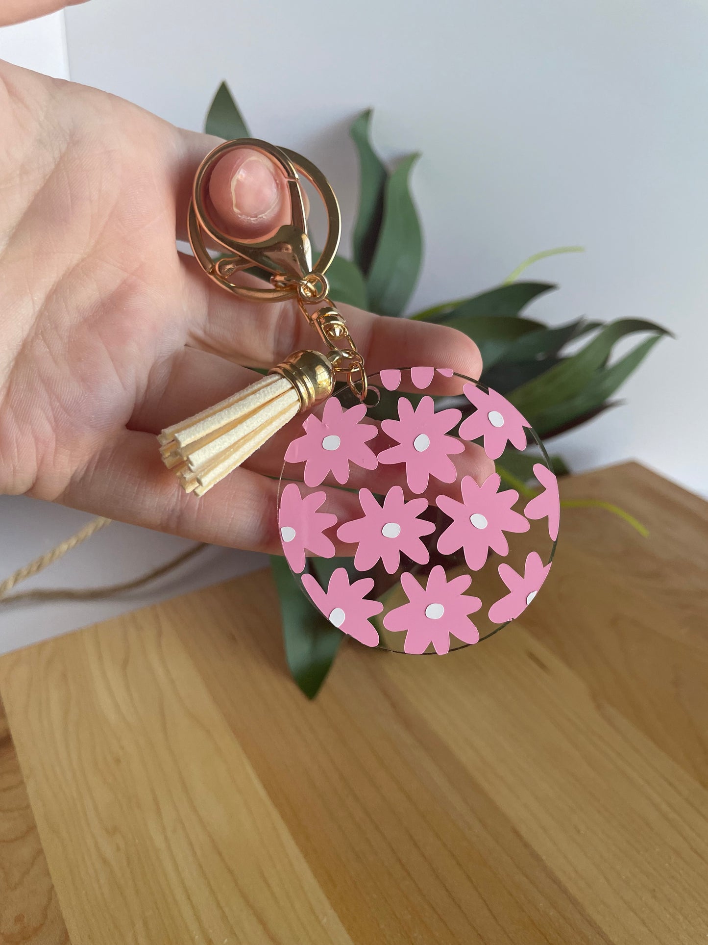 Pretty Pink Flowers Acrylic Keychain with a Cream Tassel and Gold Features