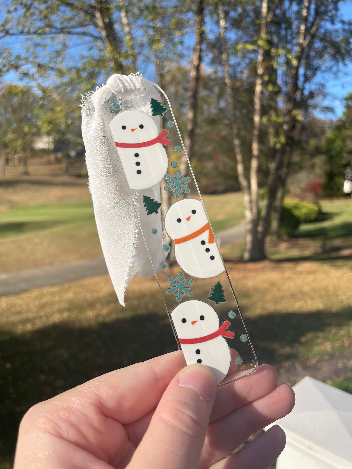 Holiday Snowmen Clear Acrylic Bookmark with Chiffon Ribbon